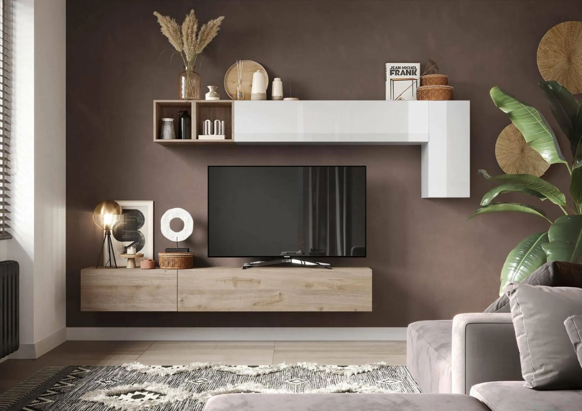 Parete attrezzata Barumini, 276x30 h180 cm, Bianco lucido e Rovere<Dmora Store