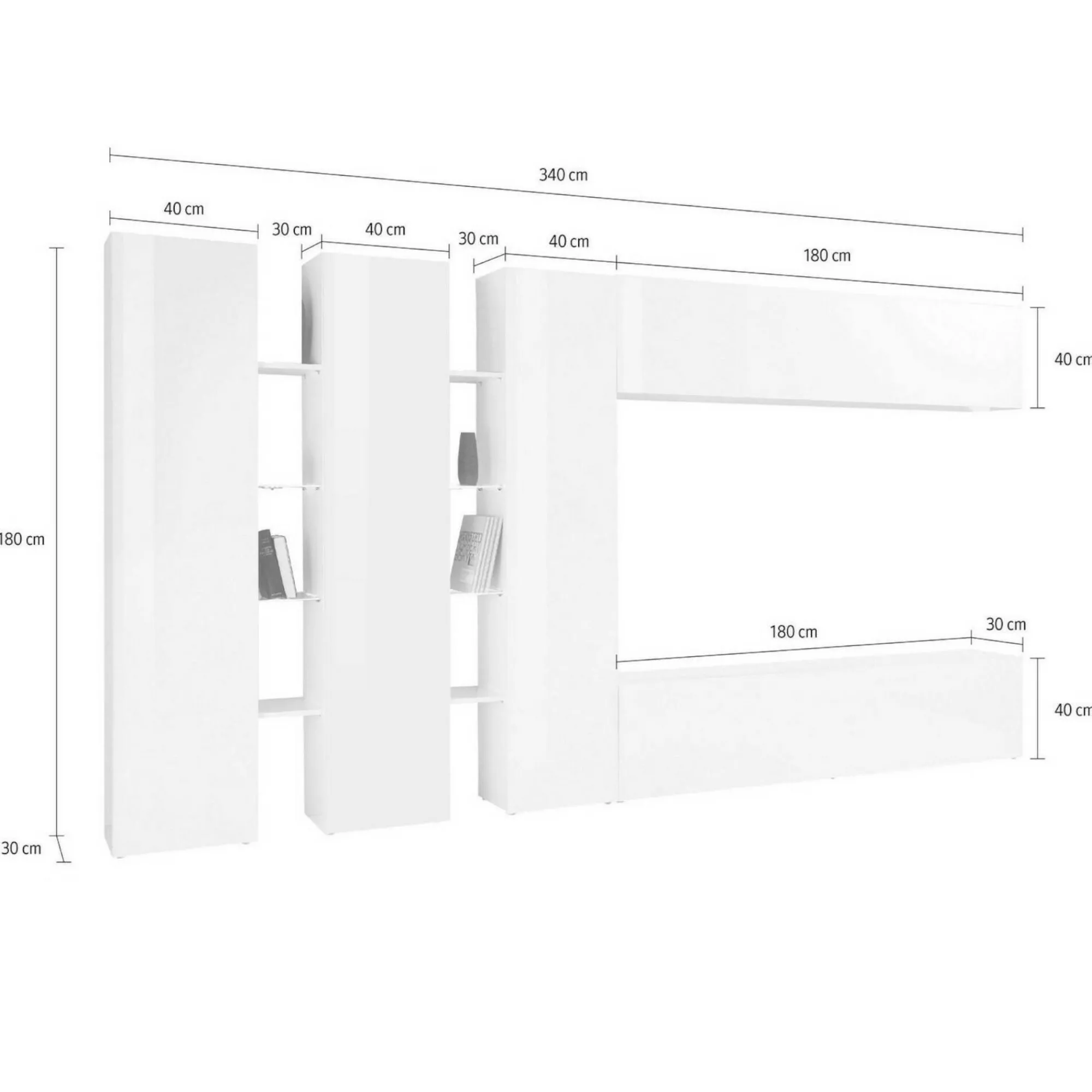 Parete attrezzata Carretto, cm 340x30h180,<Dmora Clearance