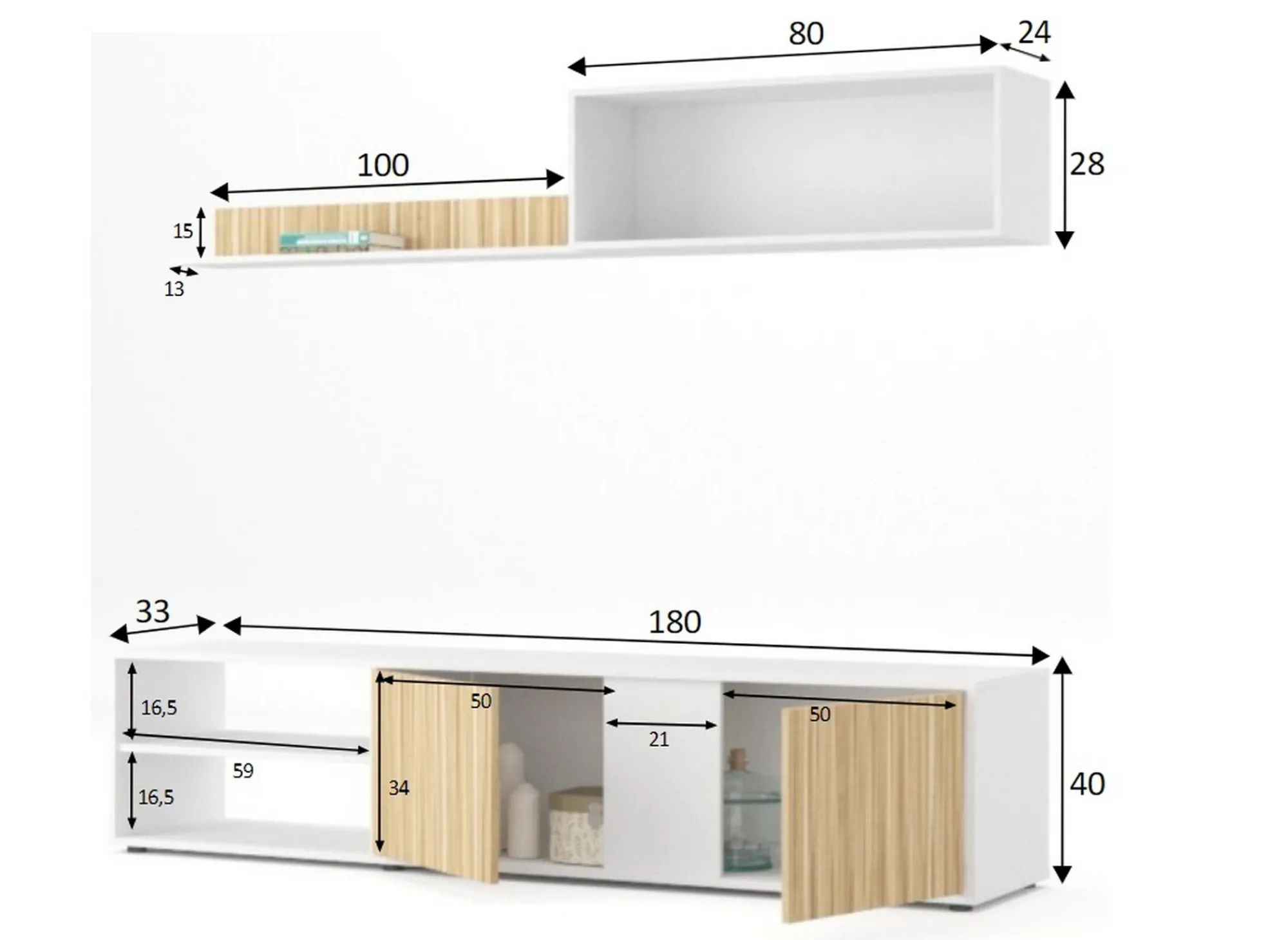 Parete attrezzata Daasmundse, 180x33h40 cm, Bianco e Rovere<Dmora Outlet