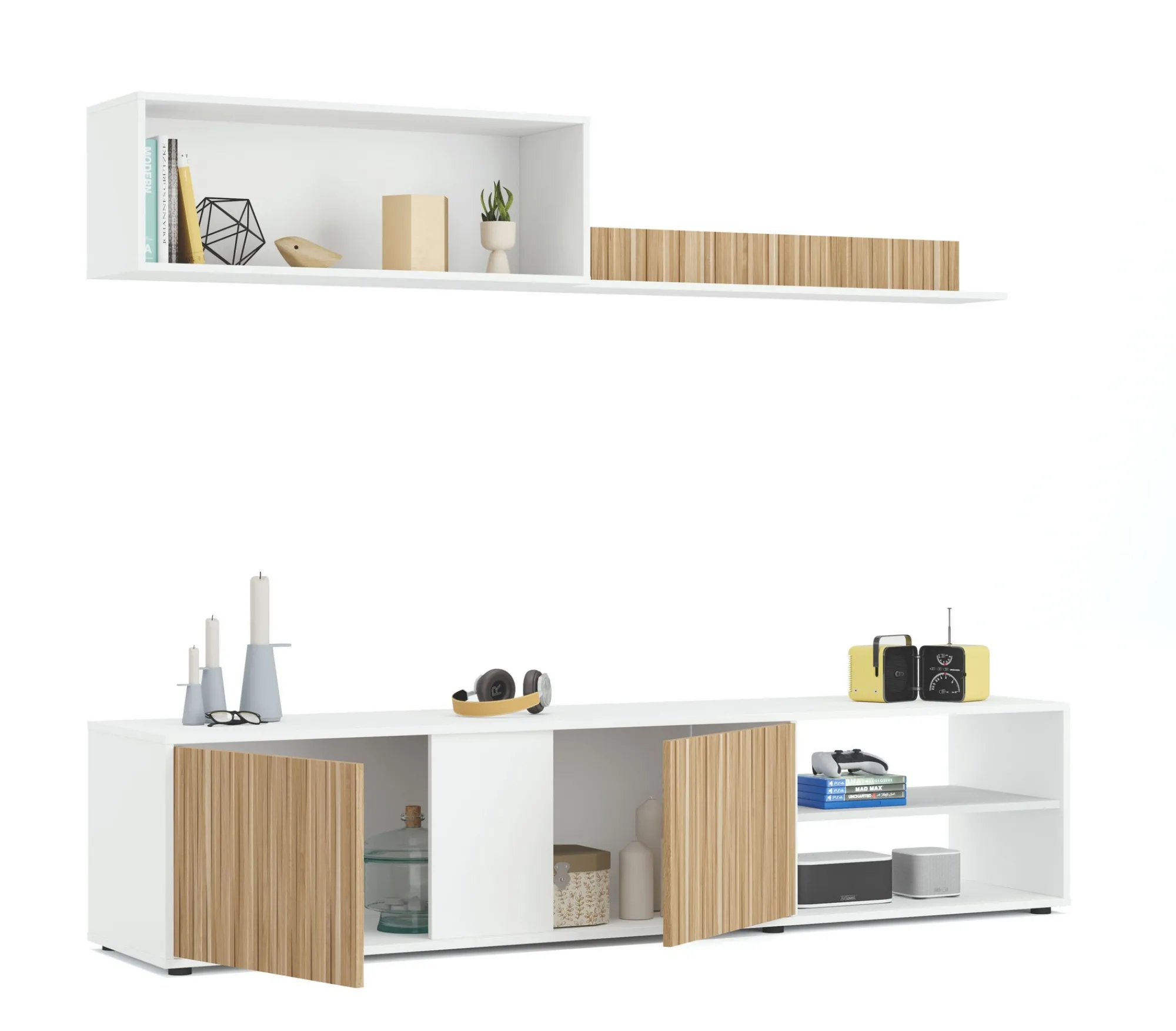 Parete attrezzata Daasmundse, 180x33h40 cm, Bianco e Rovere<Dmora Outlet