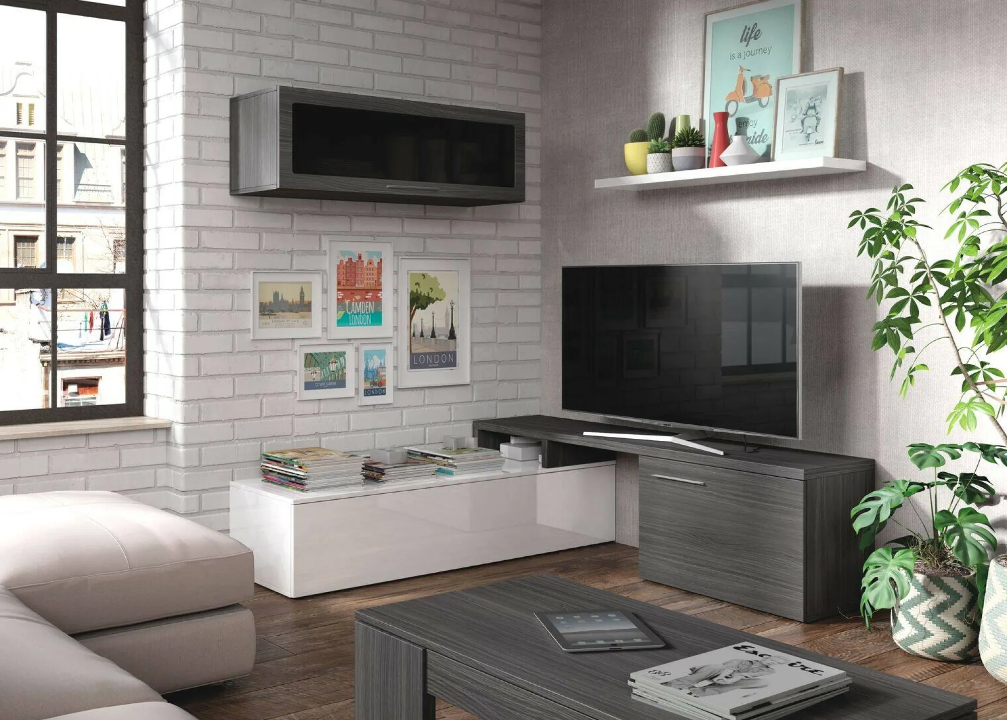 Parete attrezzata Dabarb, 200x41h44 cm, Grigio cenere e Bianco lucido<Dmora Sale