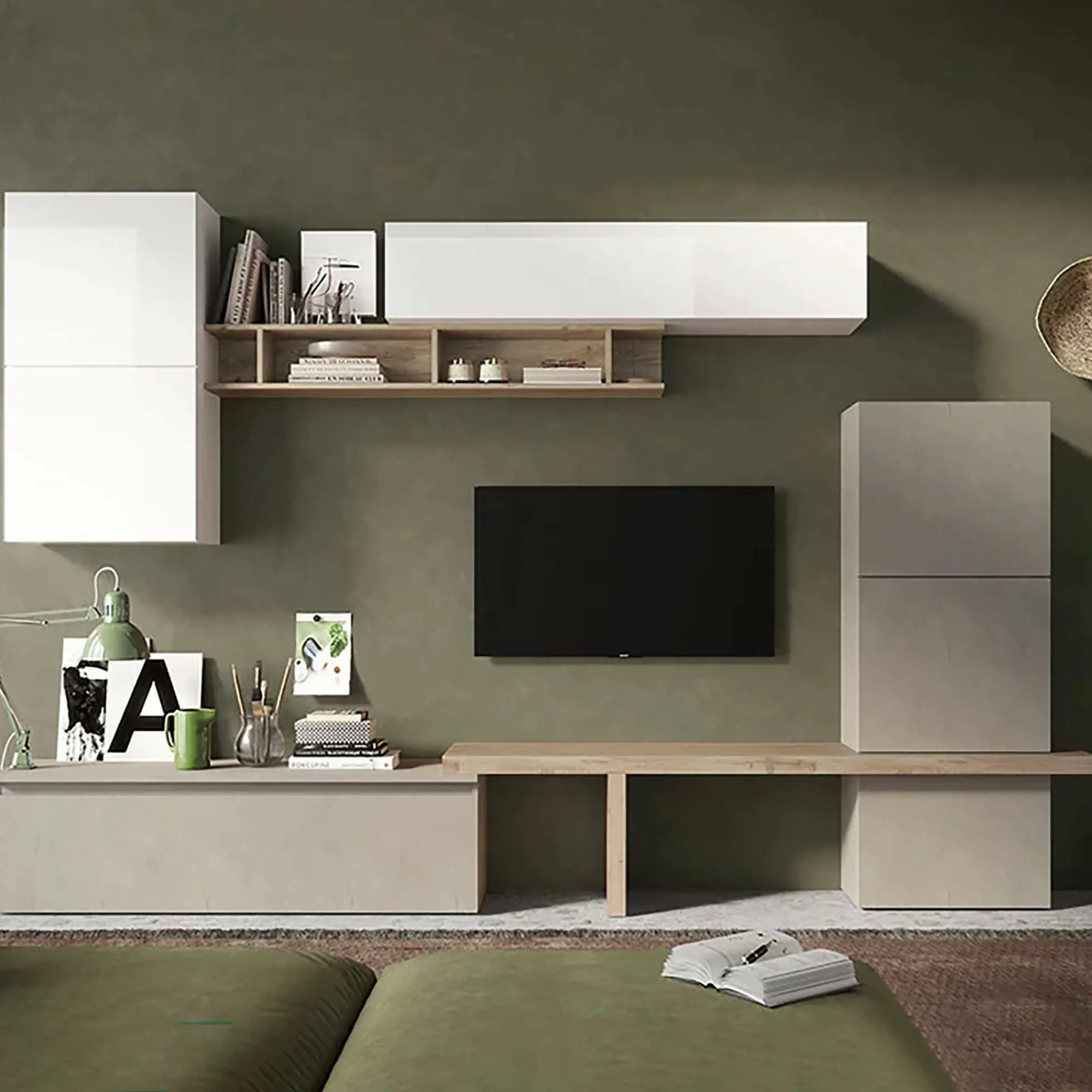 Parete attrezzata Dabdell, 290x40 h195 cm, Bianco lucido e Rovere<Dmora Cheap