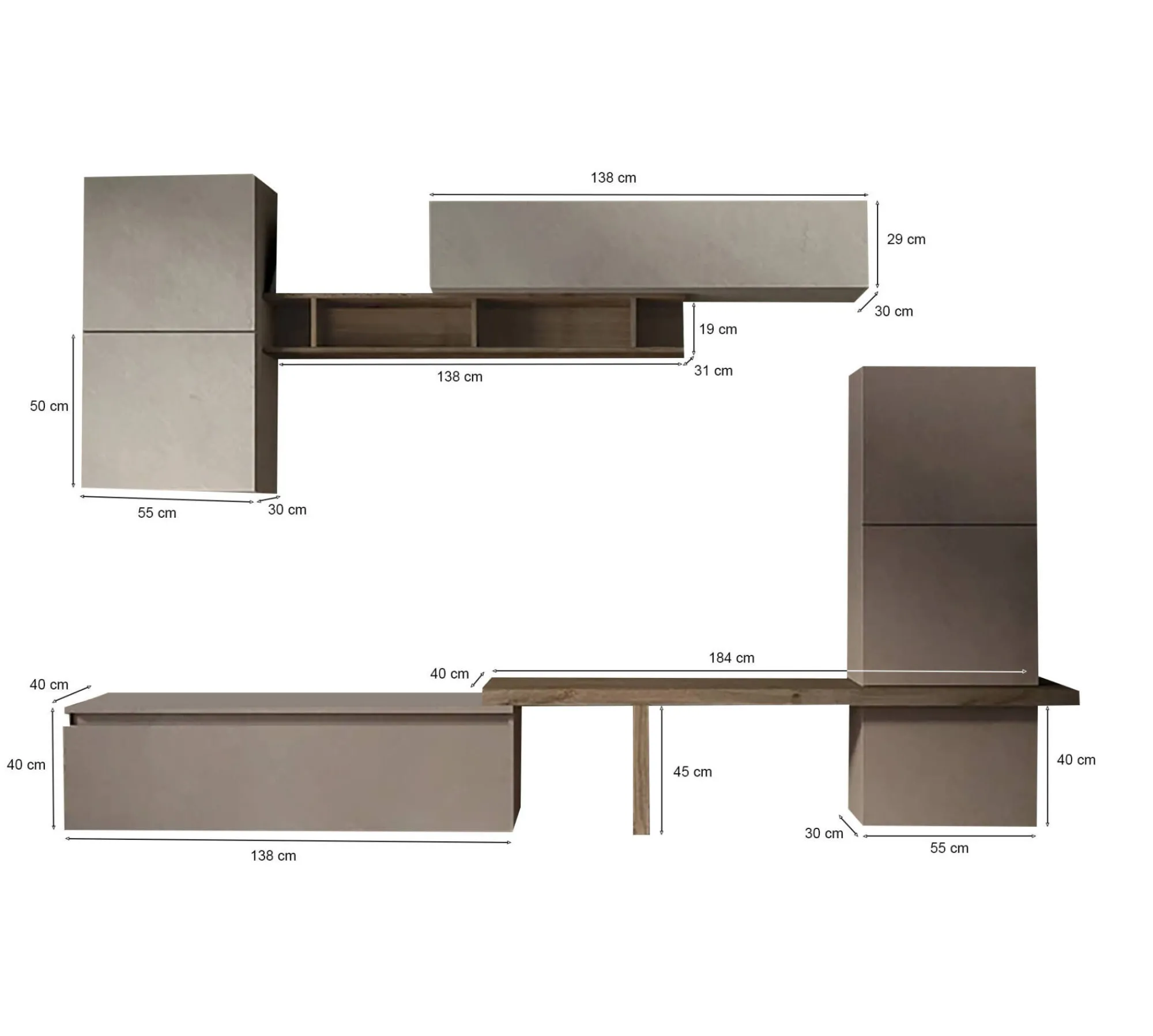 Parete attrezzata Dabdell, 290x40 h195 cm, Bronzo e Grigio<Dmora Store