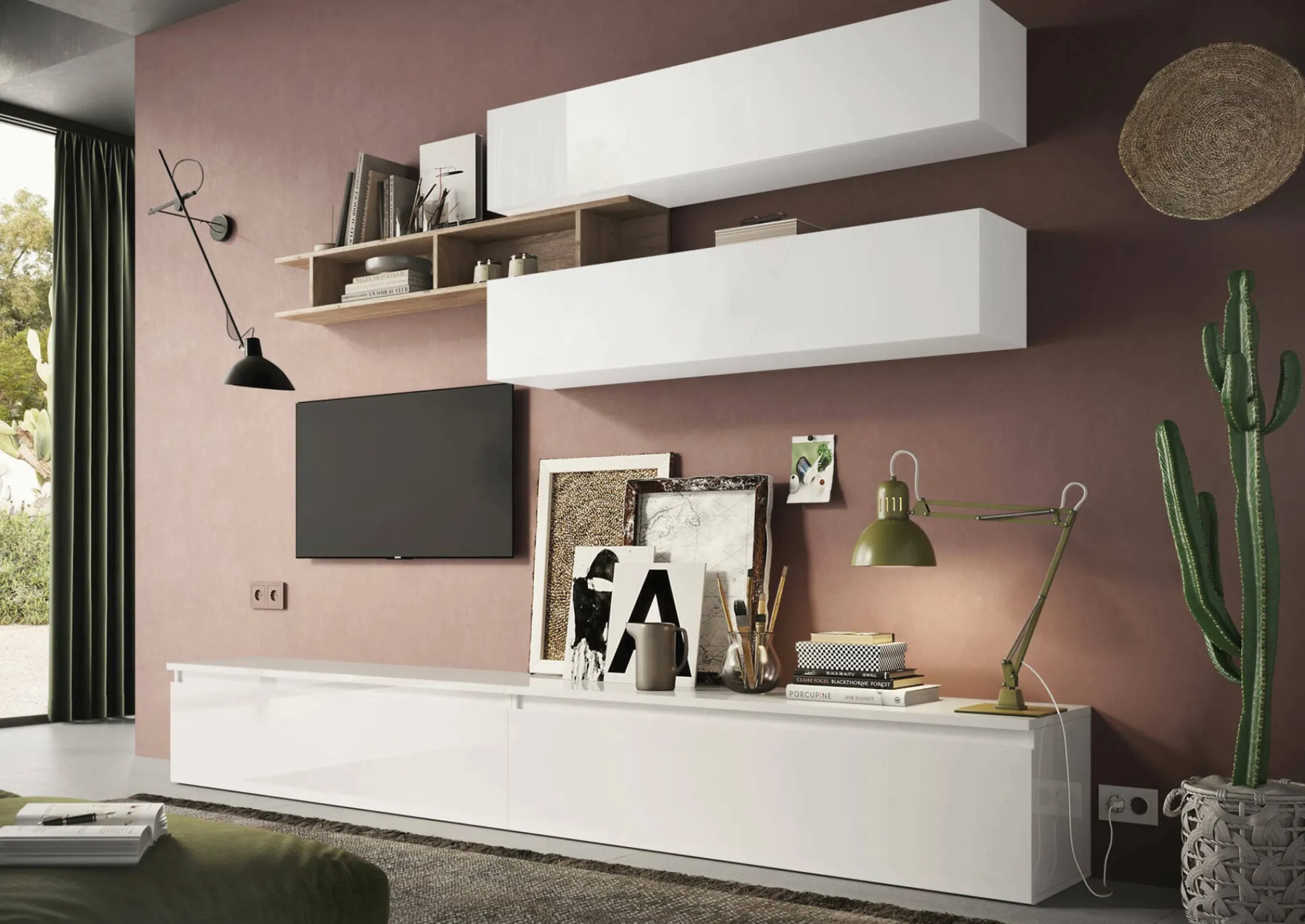 Parete attrezzata Danto, 276x40 h190 cm, Bianco lucido e Rovere<Dmora Fashion
