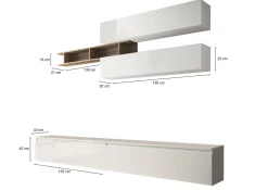 Parete attrezzata Danto, 276x40 h190 cm, Bianco lucido e Rovere<Dmora Fashion