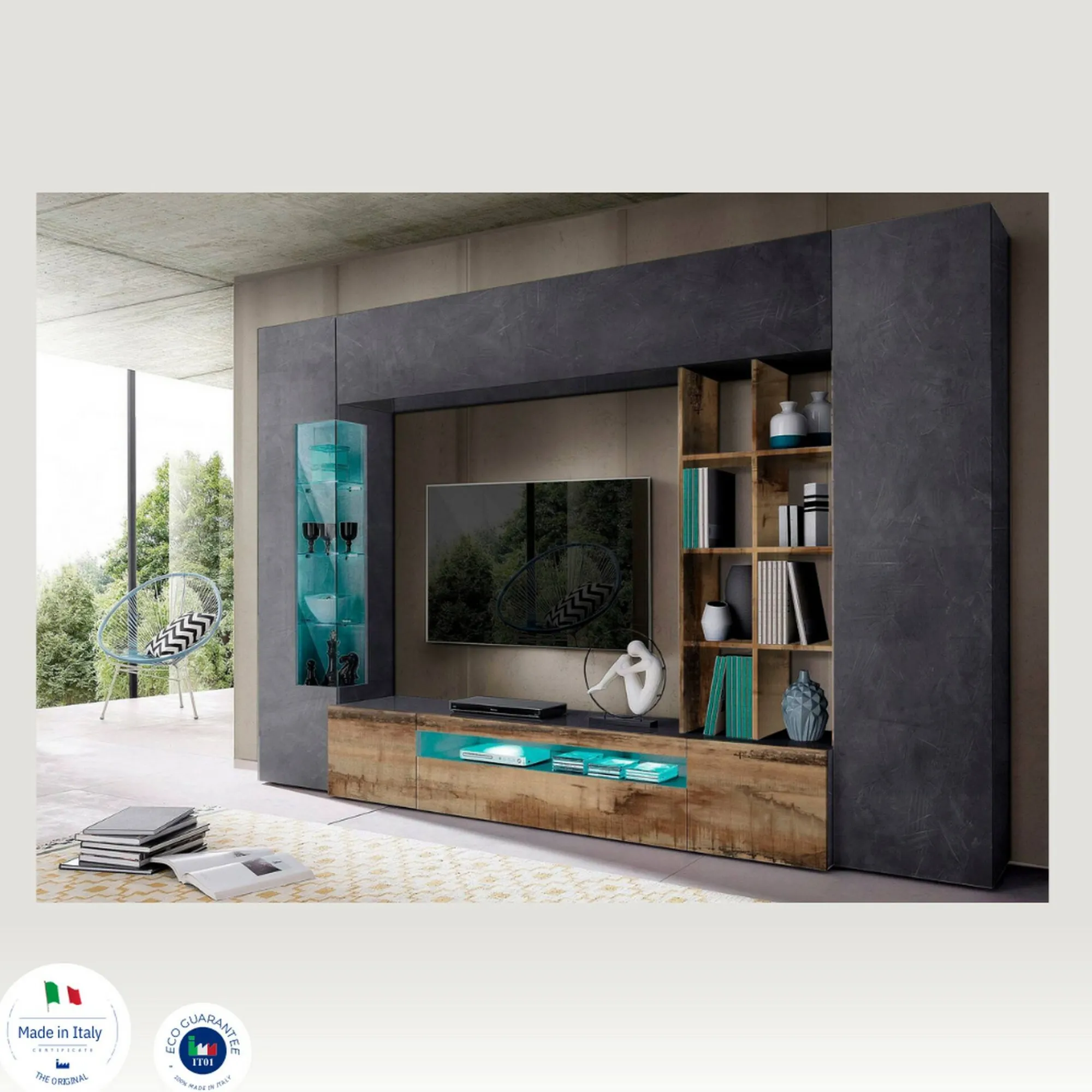 Parete attrezzata Dberard, cm 290x40h191, Ardesia e Acero<Dmora Hot