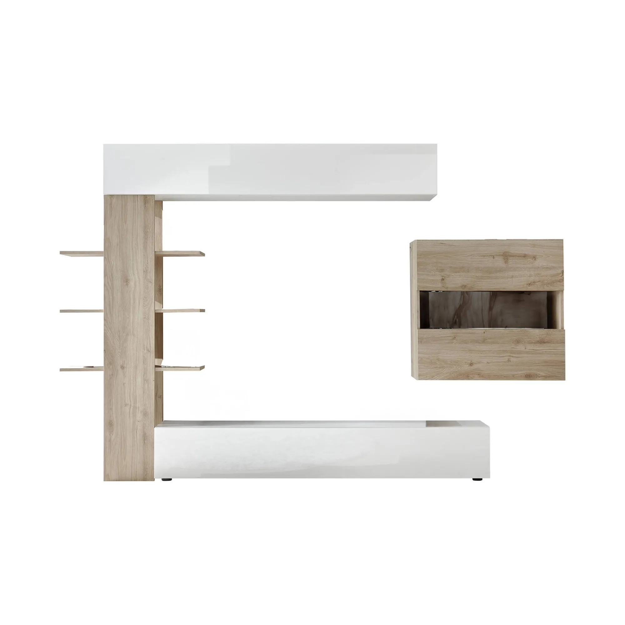 Parete attrezzata Dbogdanovi, 295x30 h187 cm, Bianco lucido e Rovere<Dmora Outlet