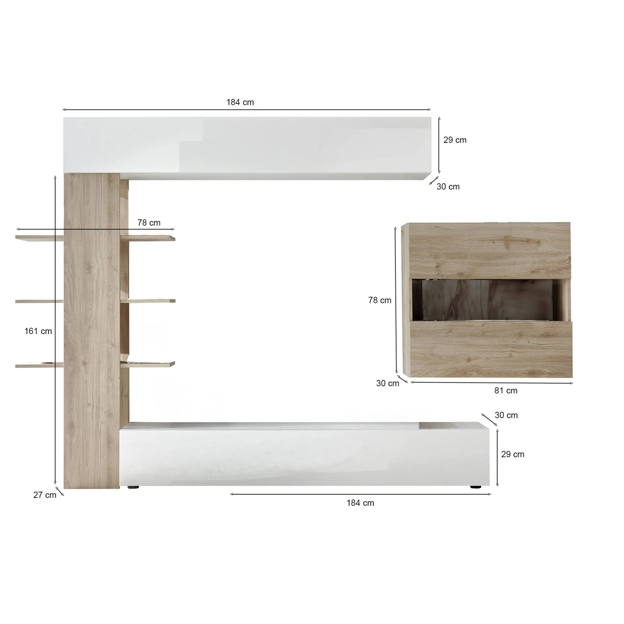 Parete attrezzata Dbogdanovi, 295x30 h187 cm, Bianco lucido e Rovere<Dmora Outlet