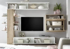 Parete attrezzata Dbogdanovi, 295x30 h187 cm, Bianco lucido e Rovere<Dmora Outlet