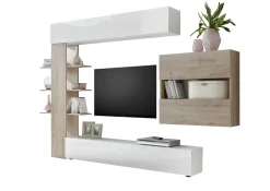 Parete attrezzata Dbogdanovi, 295x30 h187 cm, Bianco lucido e Rovere<Dmora Outlet