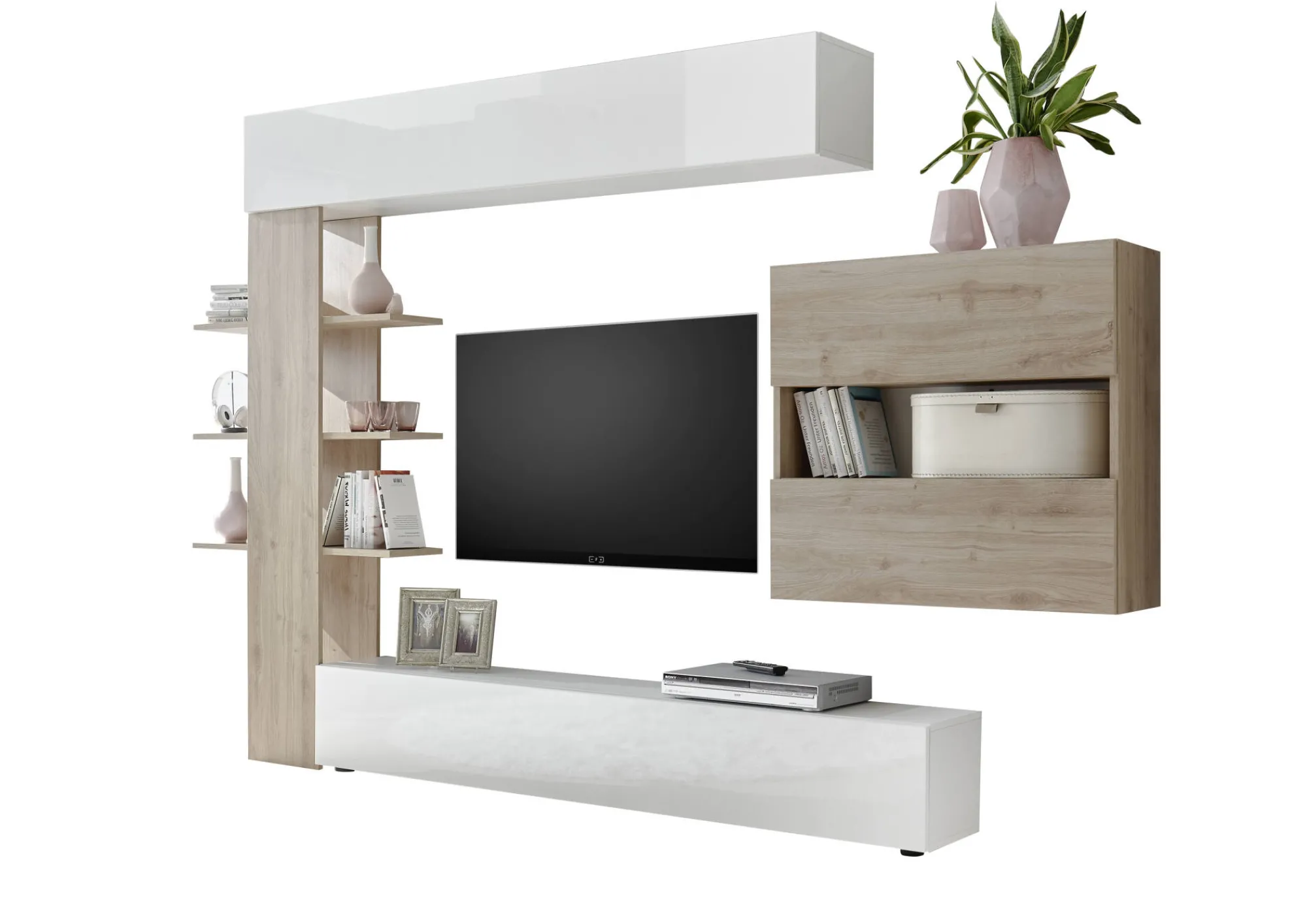Parete attrezzata Dbogdanovi, 295x30 h187 cm, Bianco lucido e Rovere<Dmora Outlet