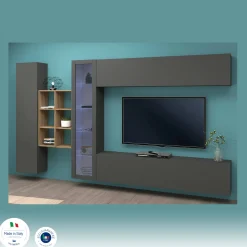 Parete attrezzata Dcavio, cm 280x30h180, Antracite e Acero<Dmora New
