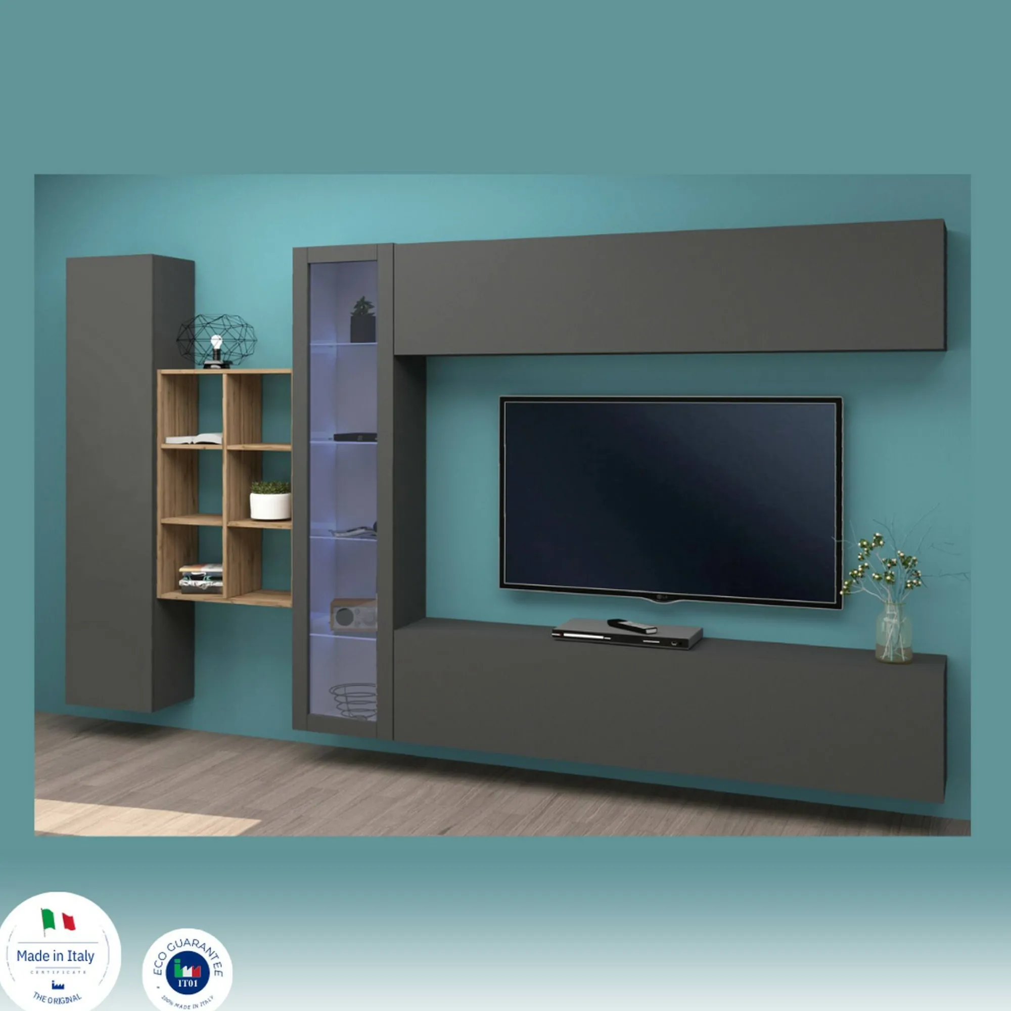 Parete attrezzata Dcavio, cm 280x30h180, Antracite e Acero<Dmora New