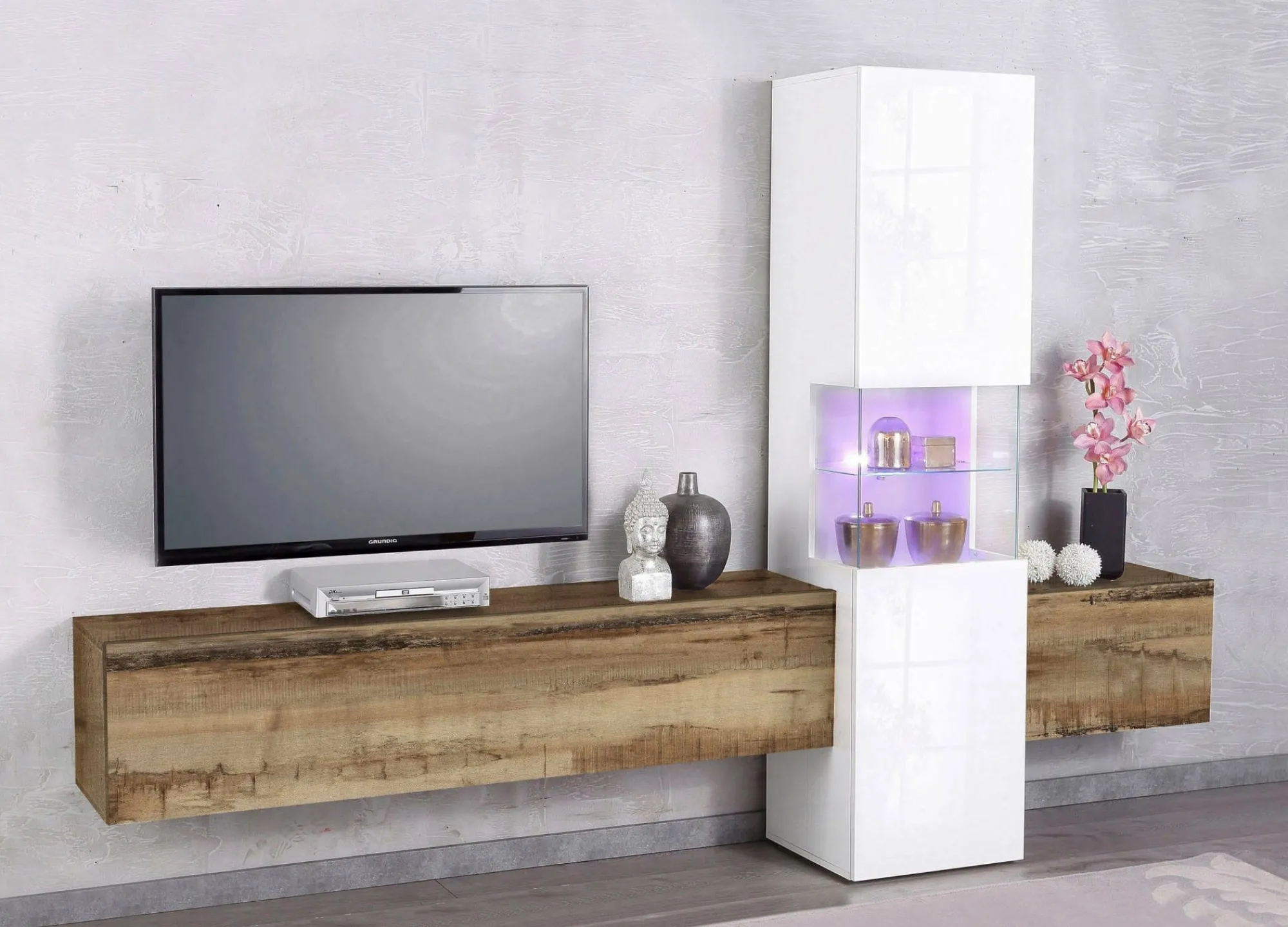 Parete attrezzata Dgrand, cm 265x40h181, Bianco lucido e Acero<Dmora New