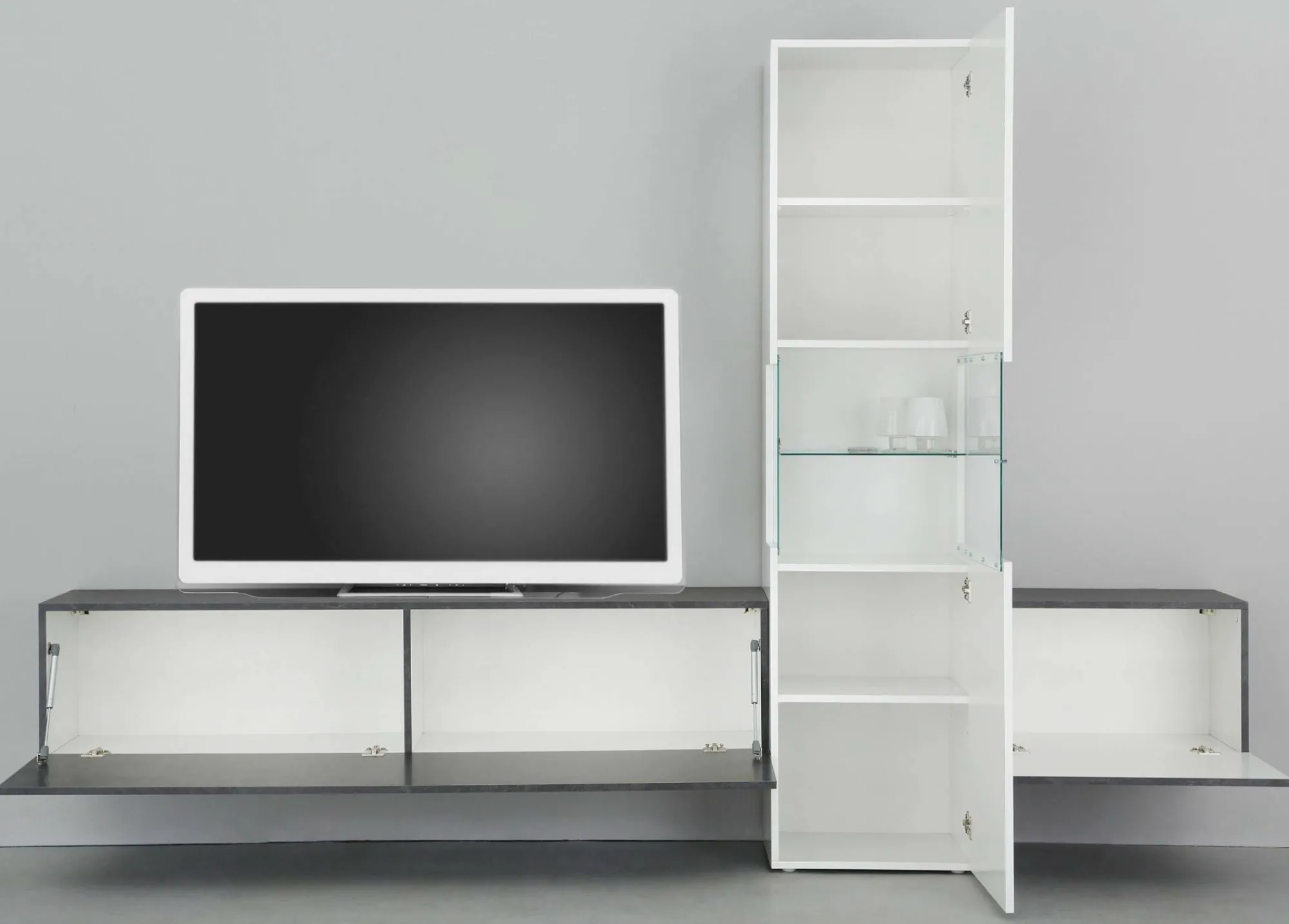 Parete attrezzata Dgrand, cm 265x40h181, Bianco lucido e Ardesia<Dmora Fashion