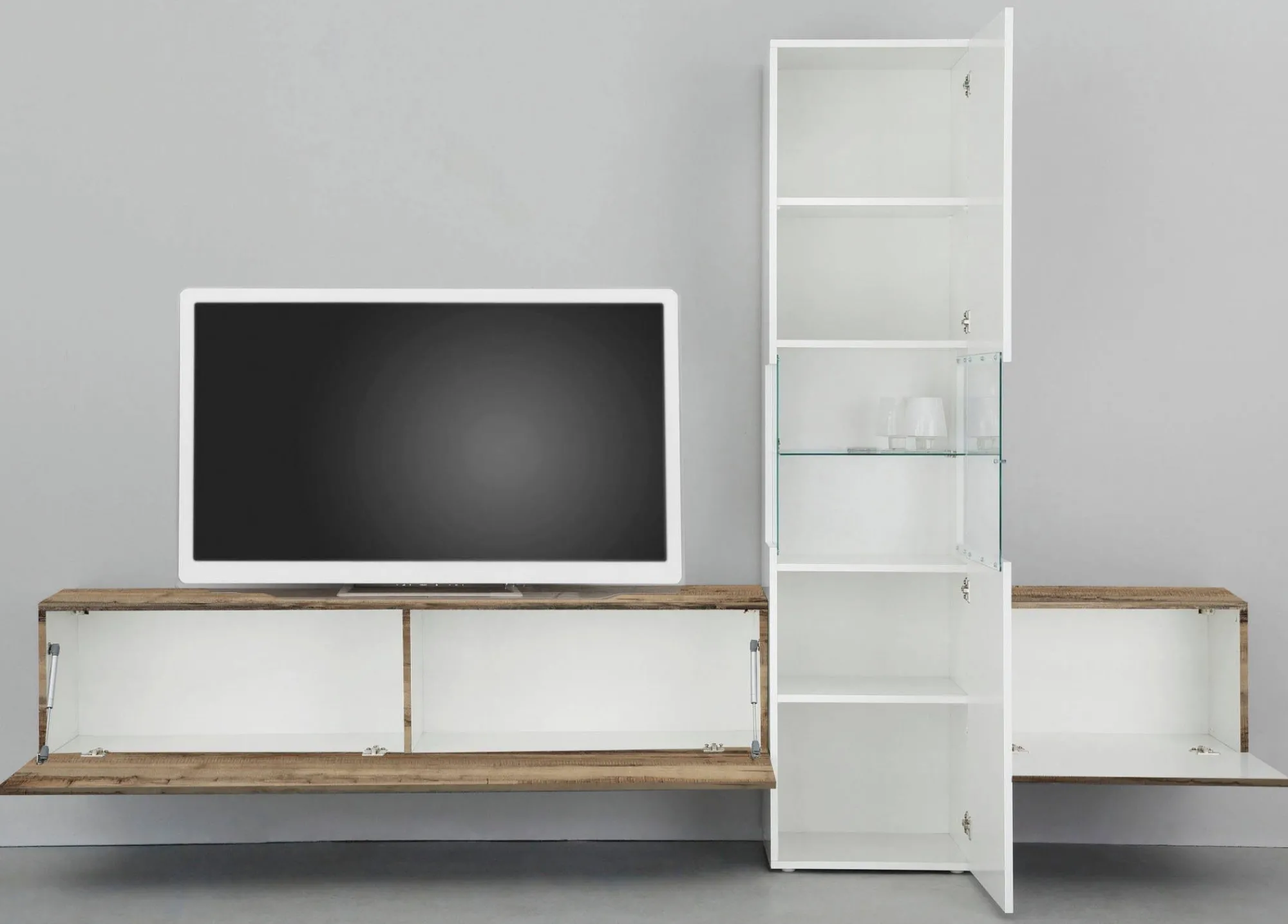 Parete attrezzata Dgrand, cm 265x40h181, Bianco lucido e Acero<Dmora New