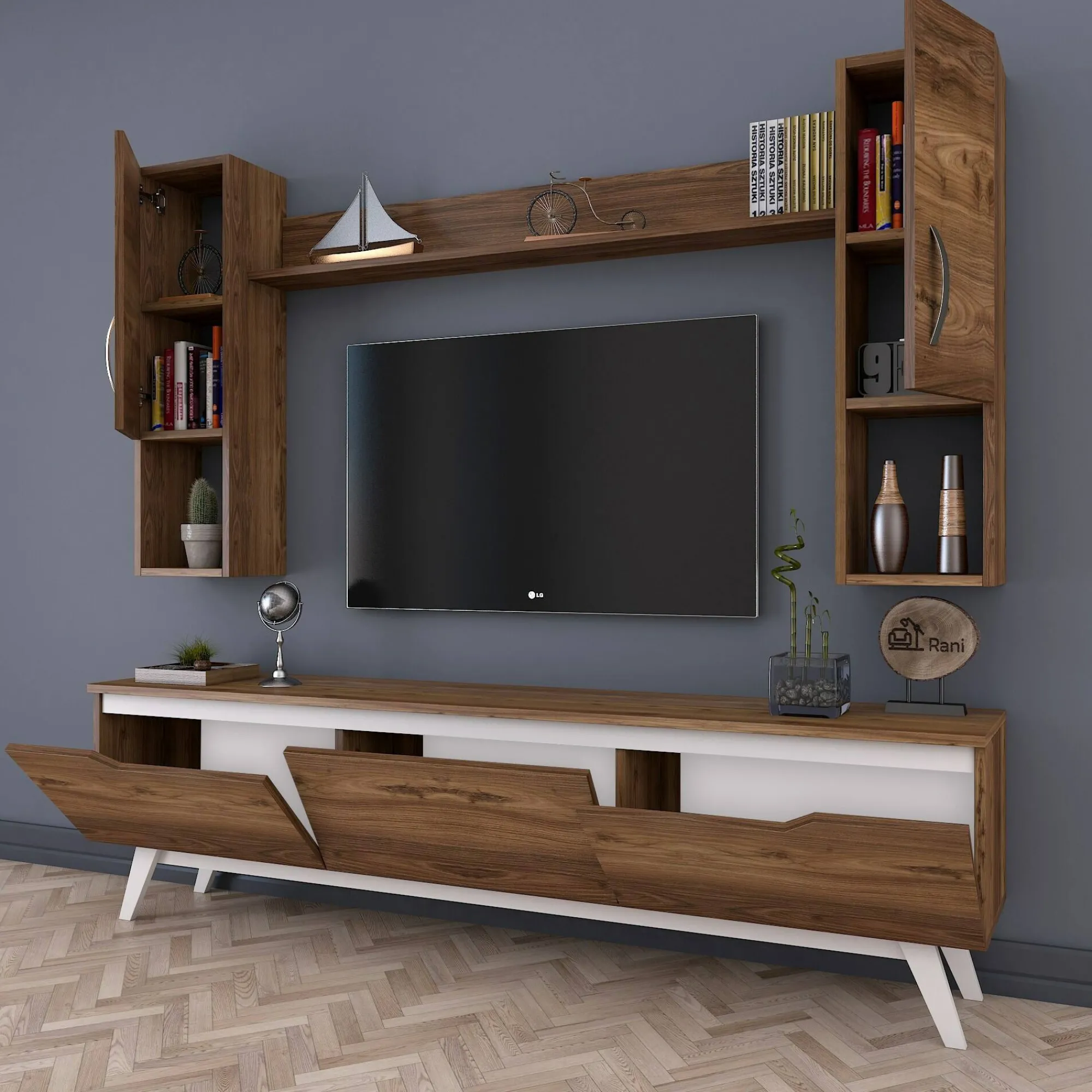 Parete attrezzata Dlabriol, 180x35h49 cm, Noce e Bianco<Dmora Sale