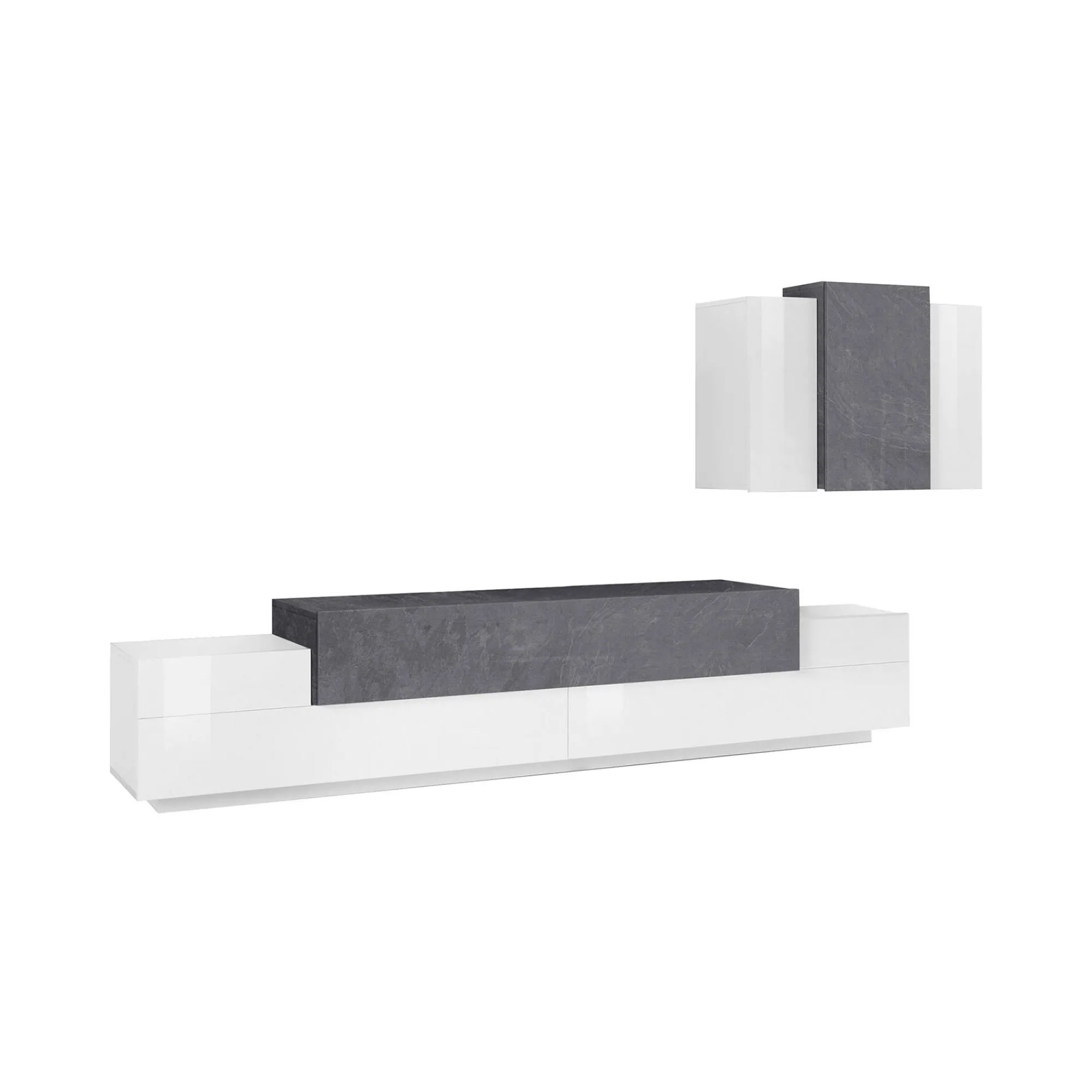 Parete attrezzata Dmar, cm 240x45h180, Bianco lucido e Ardesia<Dmora Best Sale