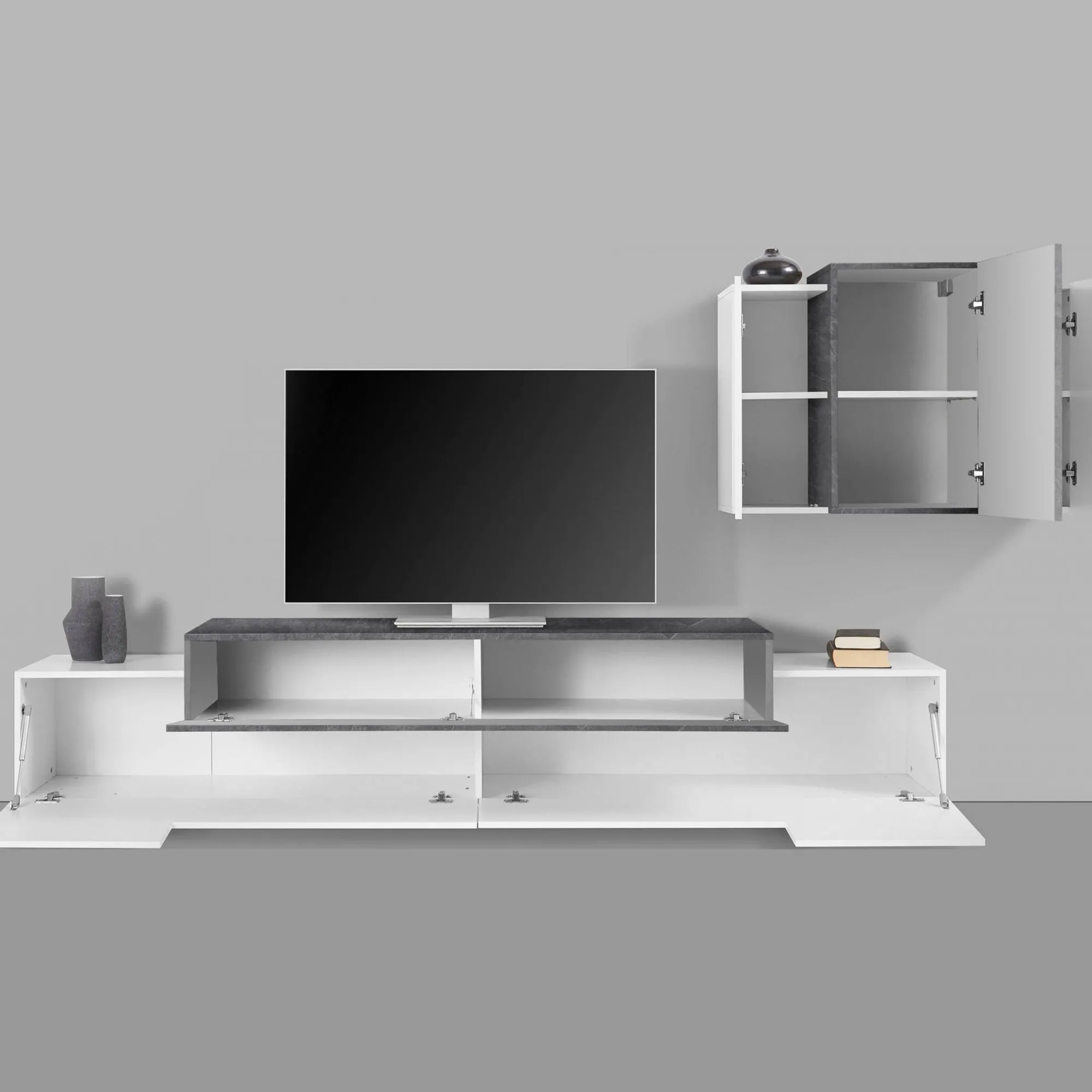 Parete attrezzata Dmar, cm 240x45h180, Bianco lucido e Ardesia<Dmora Best Sale