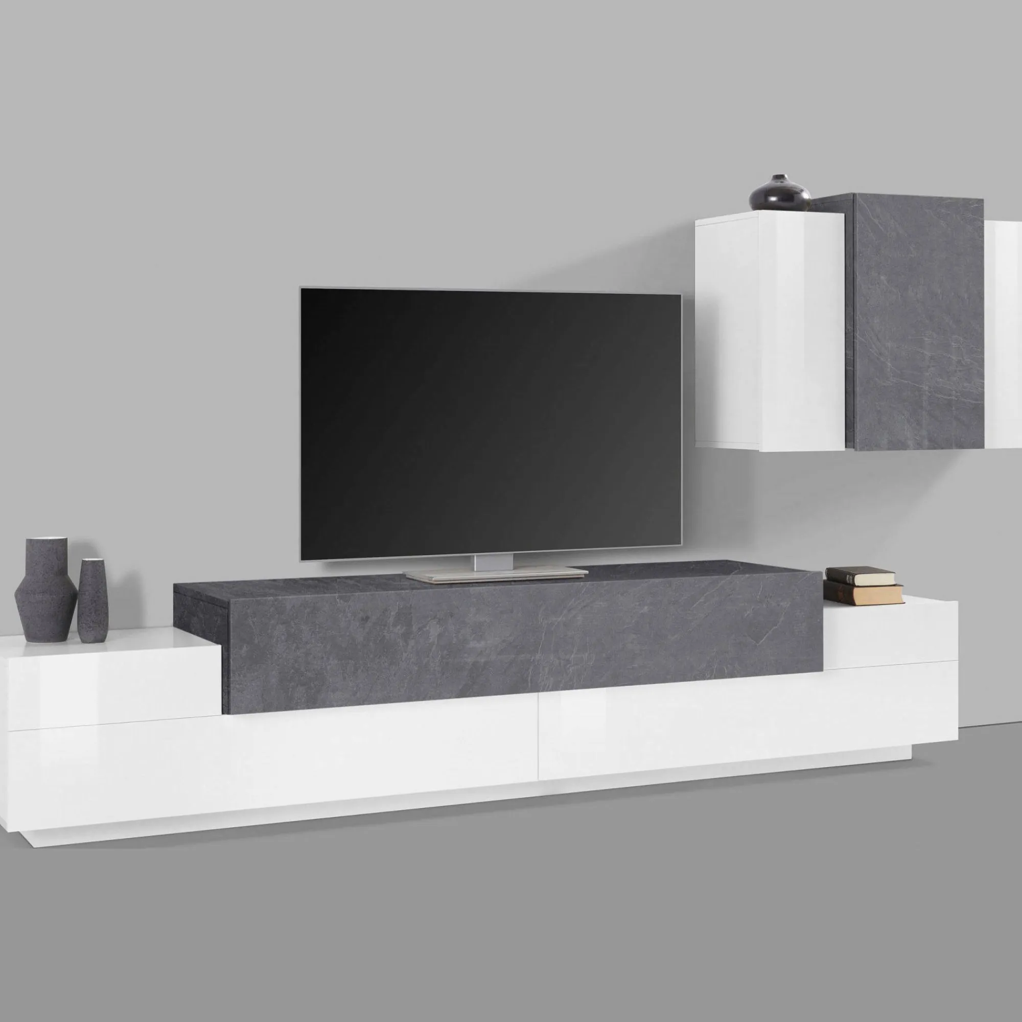 Parete attrezzata Dmar, cm 240x45h180, Bianco lucido e Ardesia<Dmora Best Sale