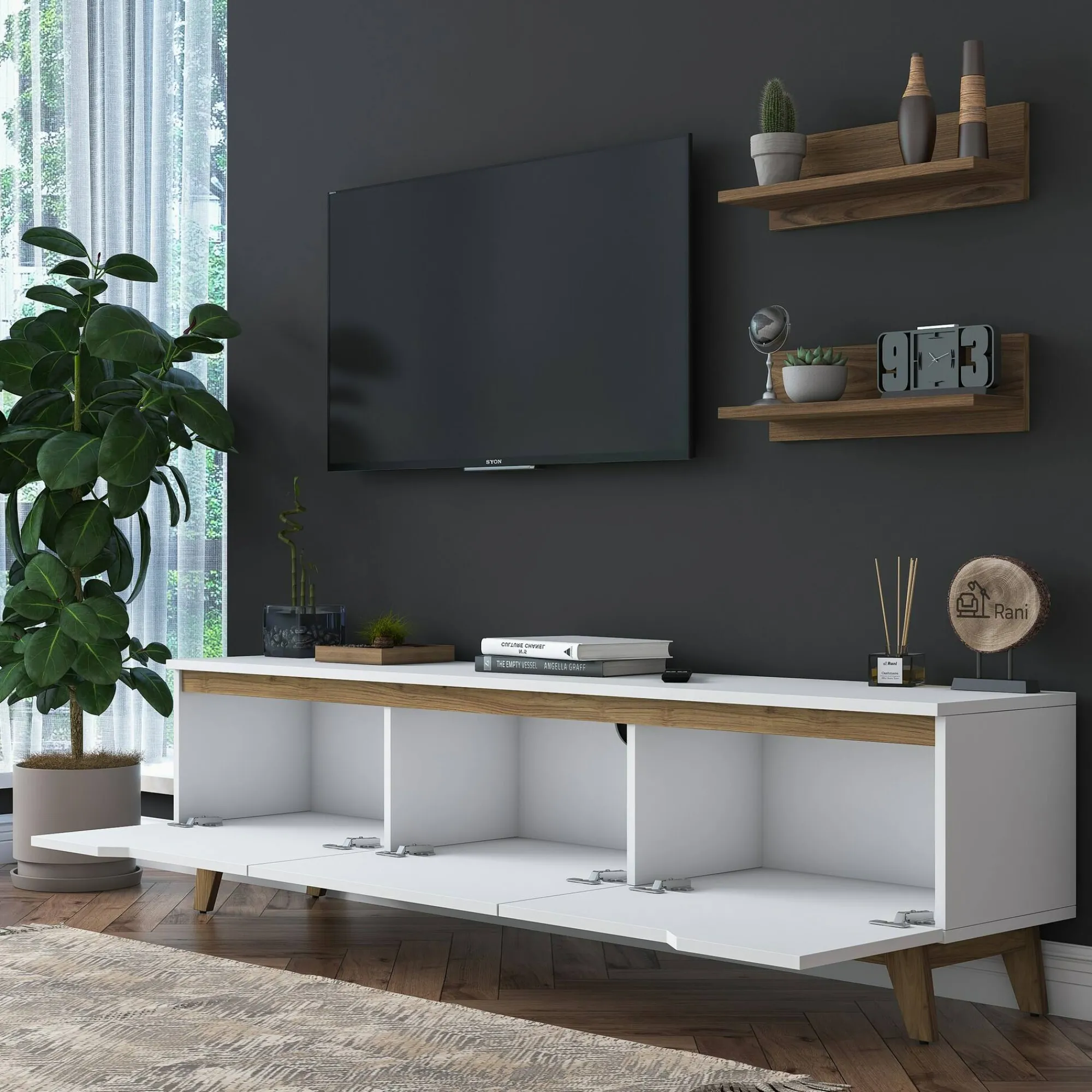 Parete attrezzata Dmarcandall, 180x35 h49 cm, Bianco e Noce<Dmora Cheap