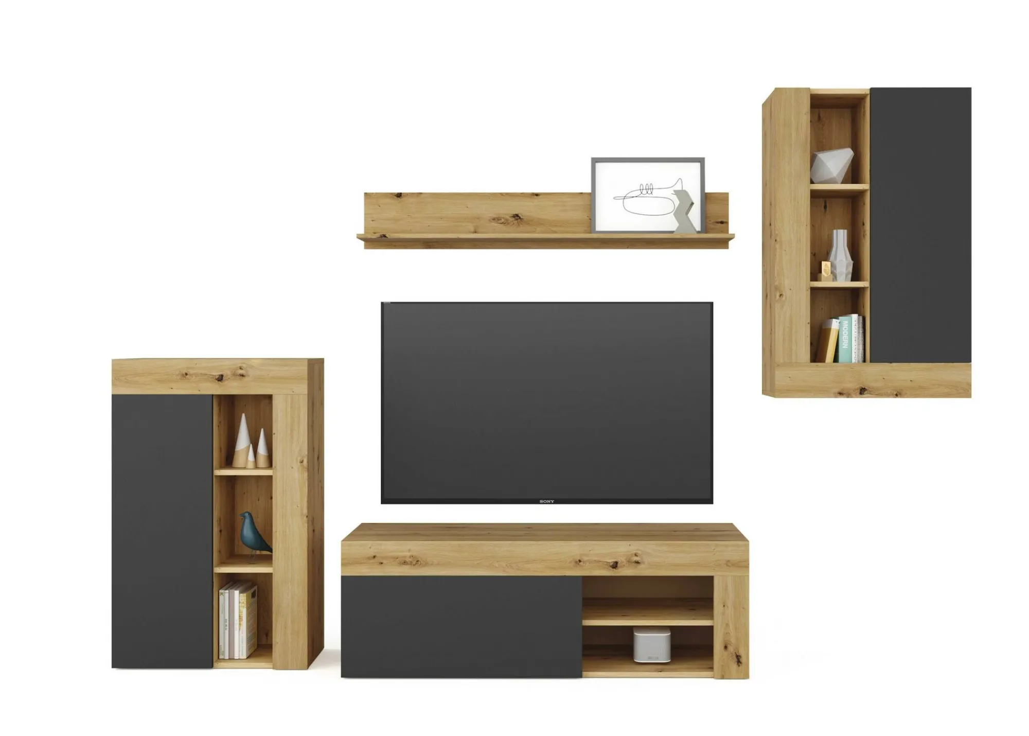 Parete attrezzata Dnosed, 260x41h102 cm, Rovere Nodi e Antracite<Dmora Hot