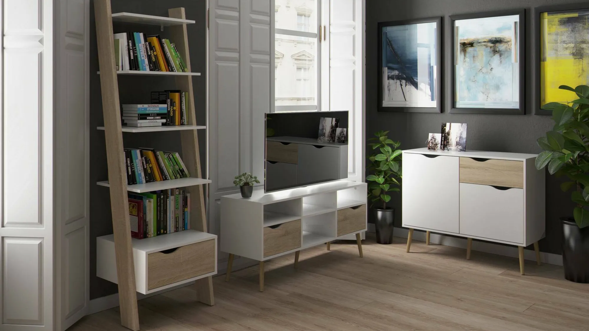 Parete attrezzata Dstorar, 166x207 h84 cm, Bianco e Quercia<Dmora Best