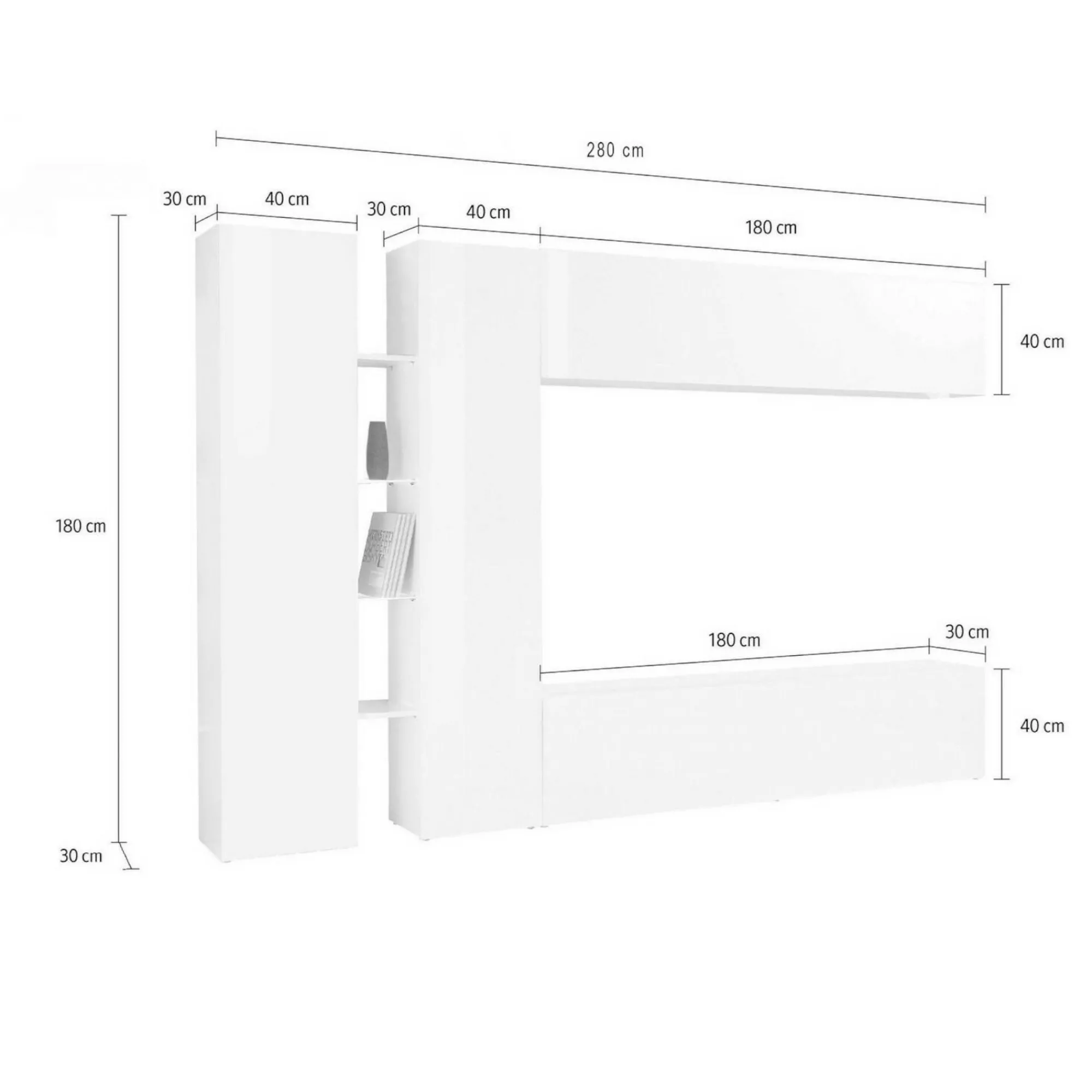 Parete attrezzata Enstatite, cm 280x30x180,<Dmora Online