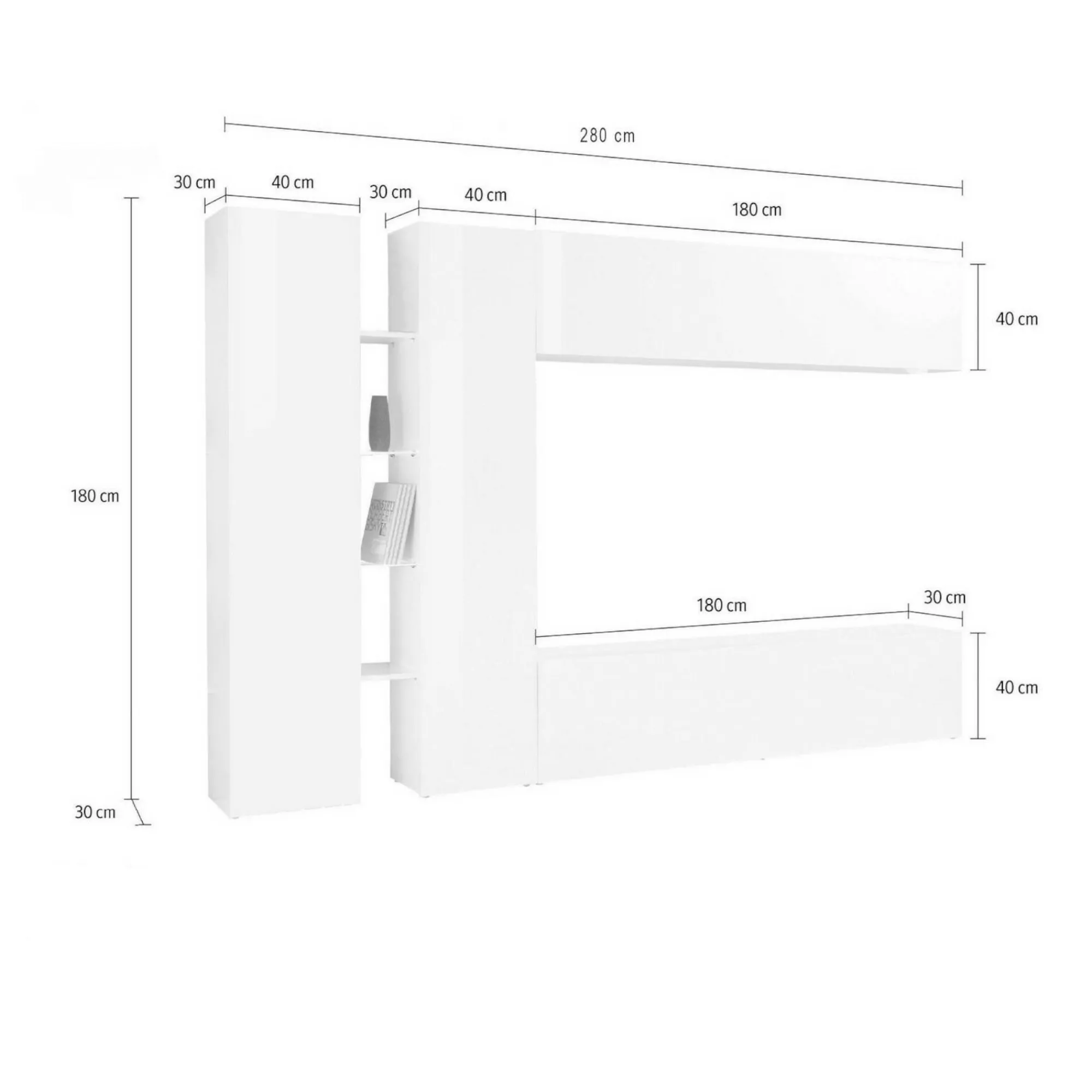 Parete attrezzata Enstatite, cm 280x30x180,<Dmora Outlet