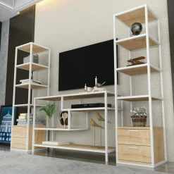 Parete attrezzata Felion, 198x39h160 cm, Bianco e Rovere<Dmora Cheap