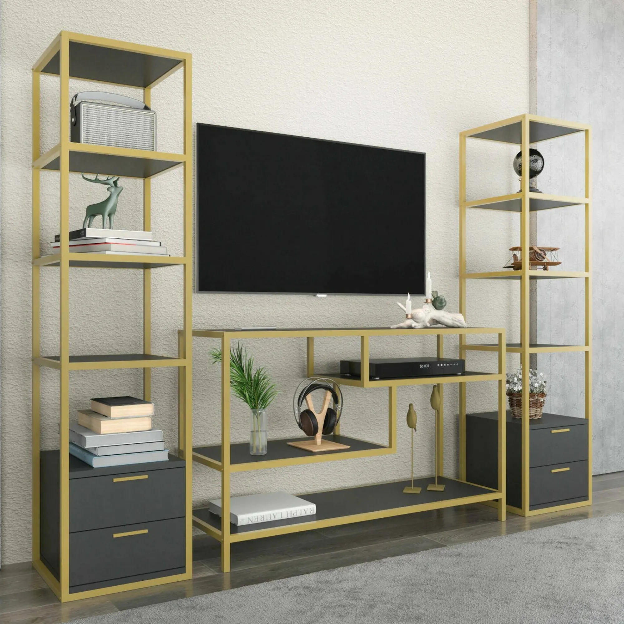 Parete attrezzata Felion, 198x39h160 cm, Oro e Antracite<Dmora Cheap
