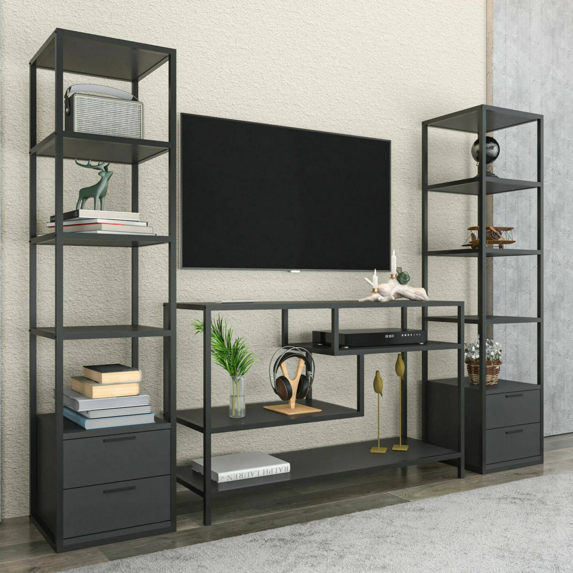 Parete attrezzata Felion, 198x39h160 cm, Nero e Antracite<Dmora Fashion