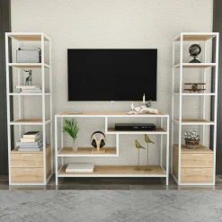 Parete attrezzata Felion, 198x39h160 cm, Bianco e Rovere<Dmora Cheap