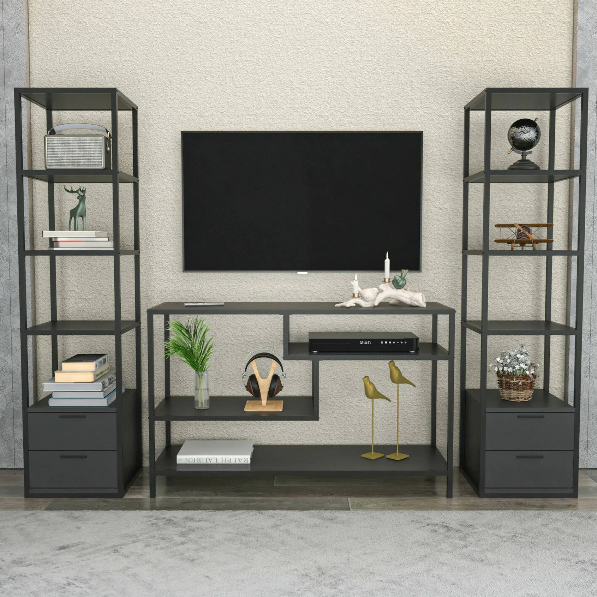 Parete attrezzata Felion, 198x39h160 cm, Nero e Antracite<Dmora Fashion