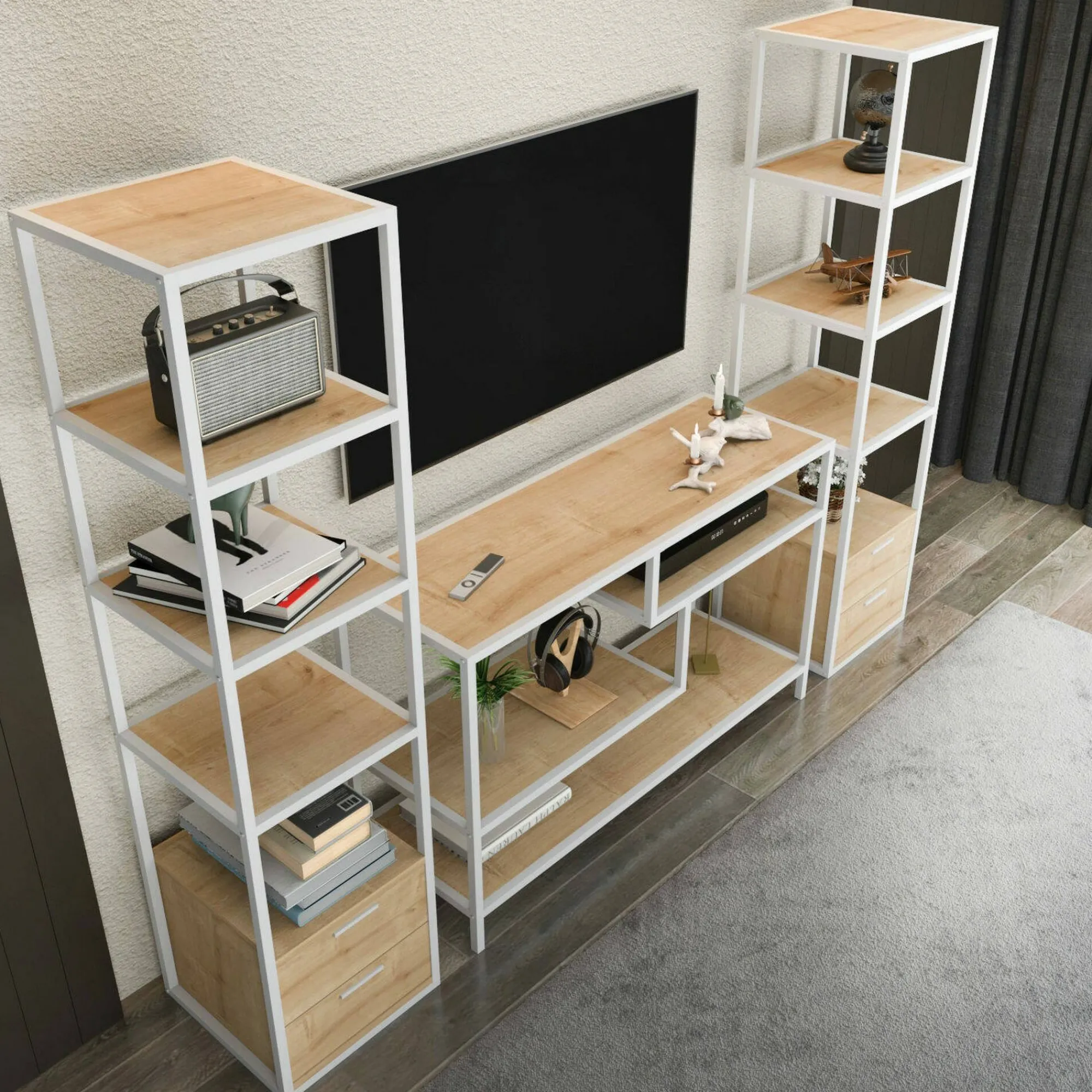 Parete attrezzata Felion, 198x39h160 cm, Bianco e Rovere<Dmora Cheap