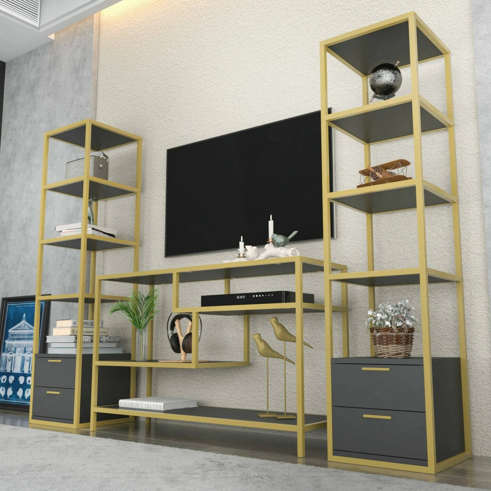 Parete attrezzata Felion, 198x39h160 cm, Oro e Antracite<Dmora Cheap