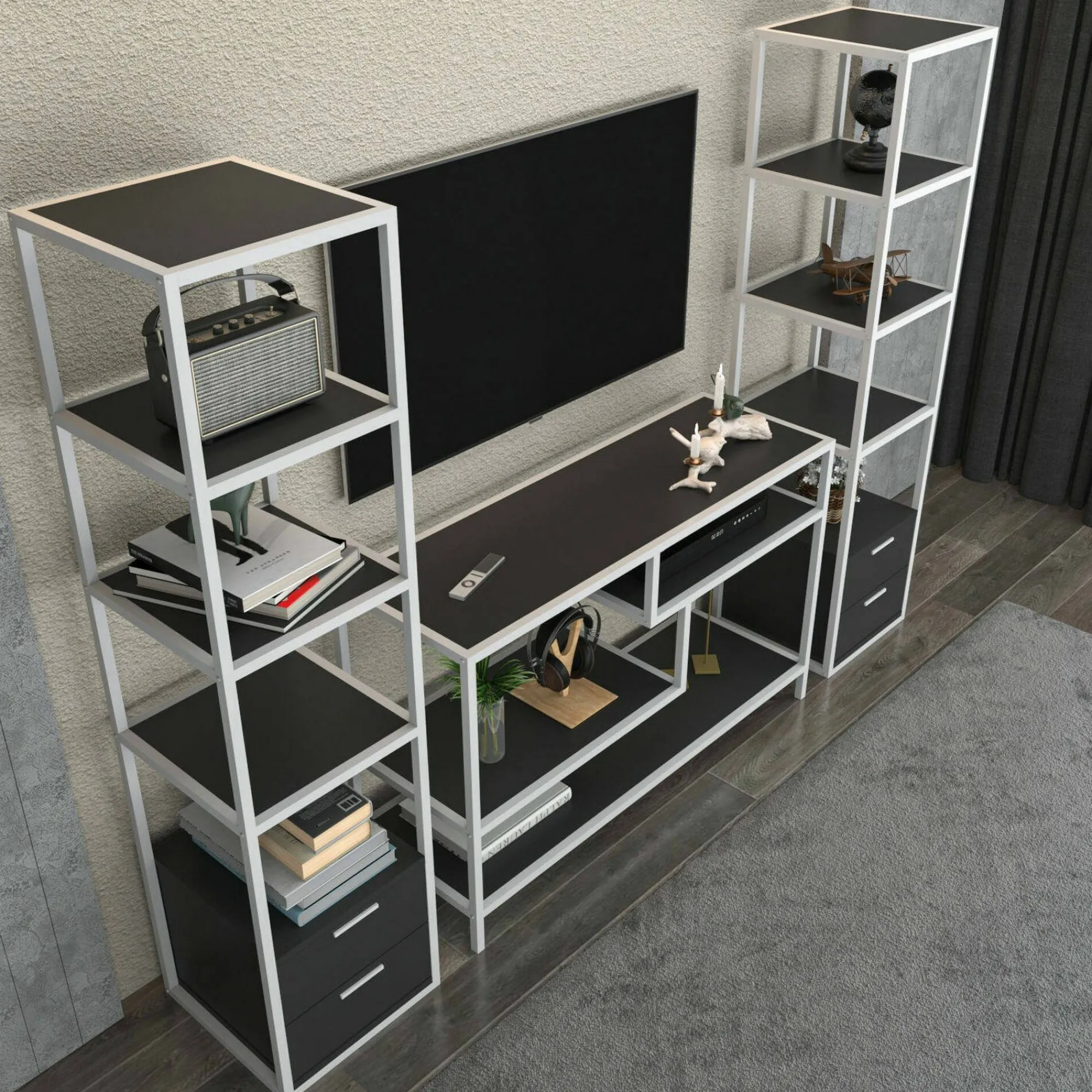 Parete attrezzata Felion, 198x39h160 cm, Bianco e Antracite<Dmora Outlet