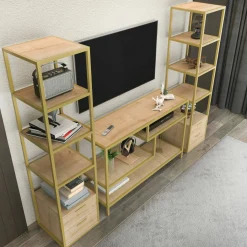 Parete attrezzata Felion, 198x39h160 cm, Oro e Quercia<Dmora Flash Sale