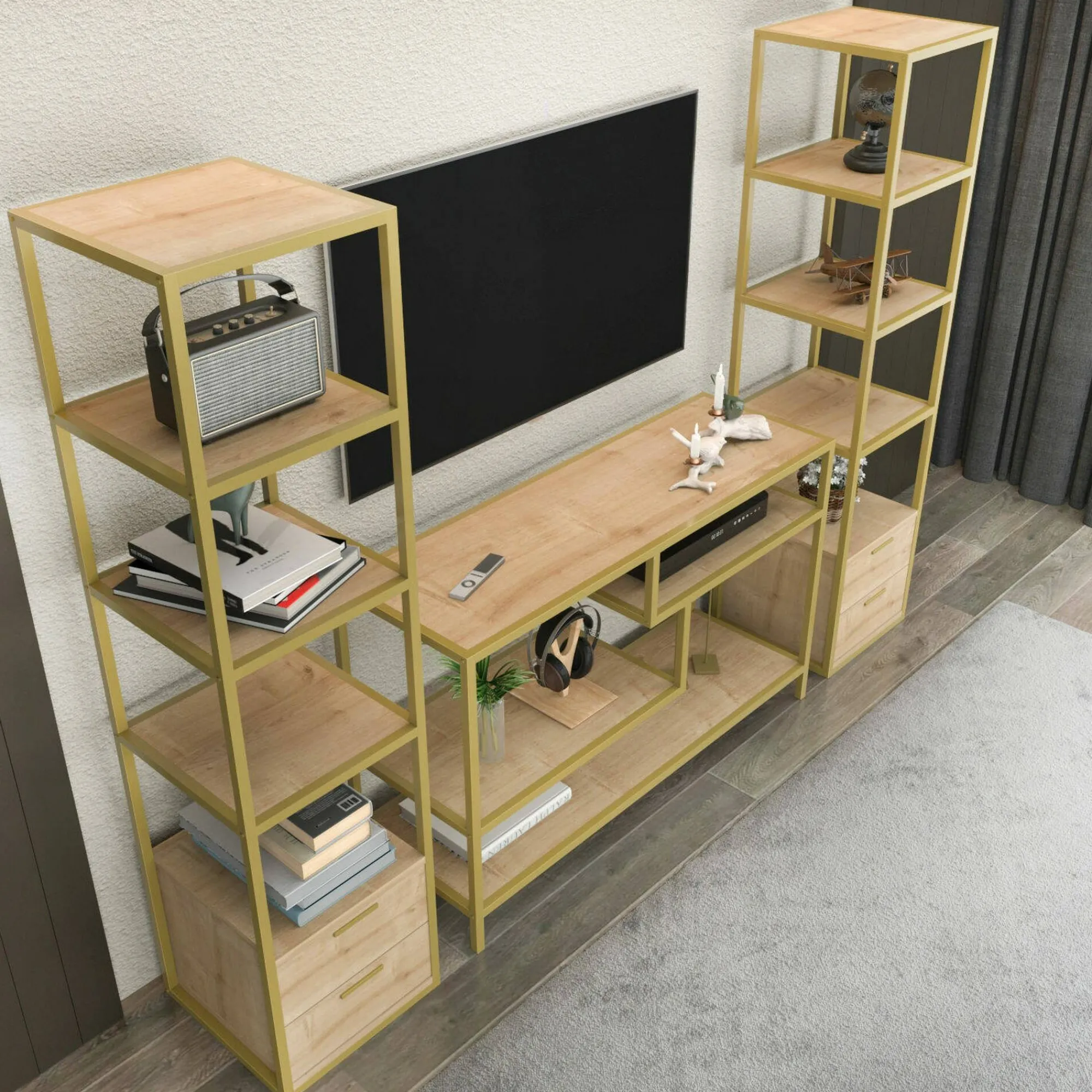 Parete attrezzata Felion, 198x39h160 cm, Oro e Quercia<Dmora Flash Sale