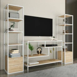 Parete attrezzata Felion, 198x39h160 cm, Bianco e Rovere<Dmora Cheap