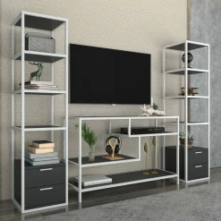 Parete attrezzata Felion, 198x39h160 cm, Bianco e Antracite<Dmora Outlet