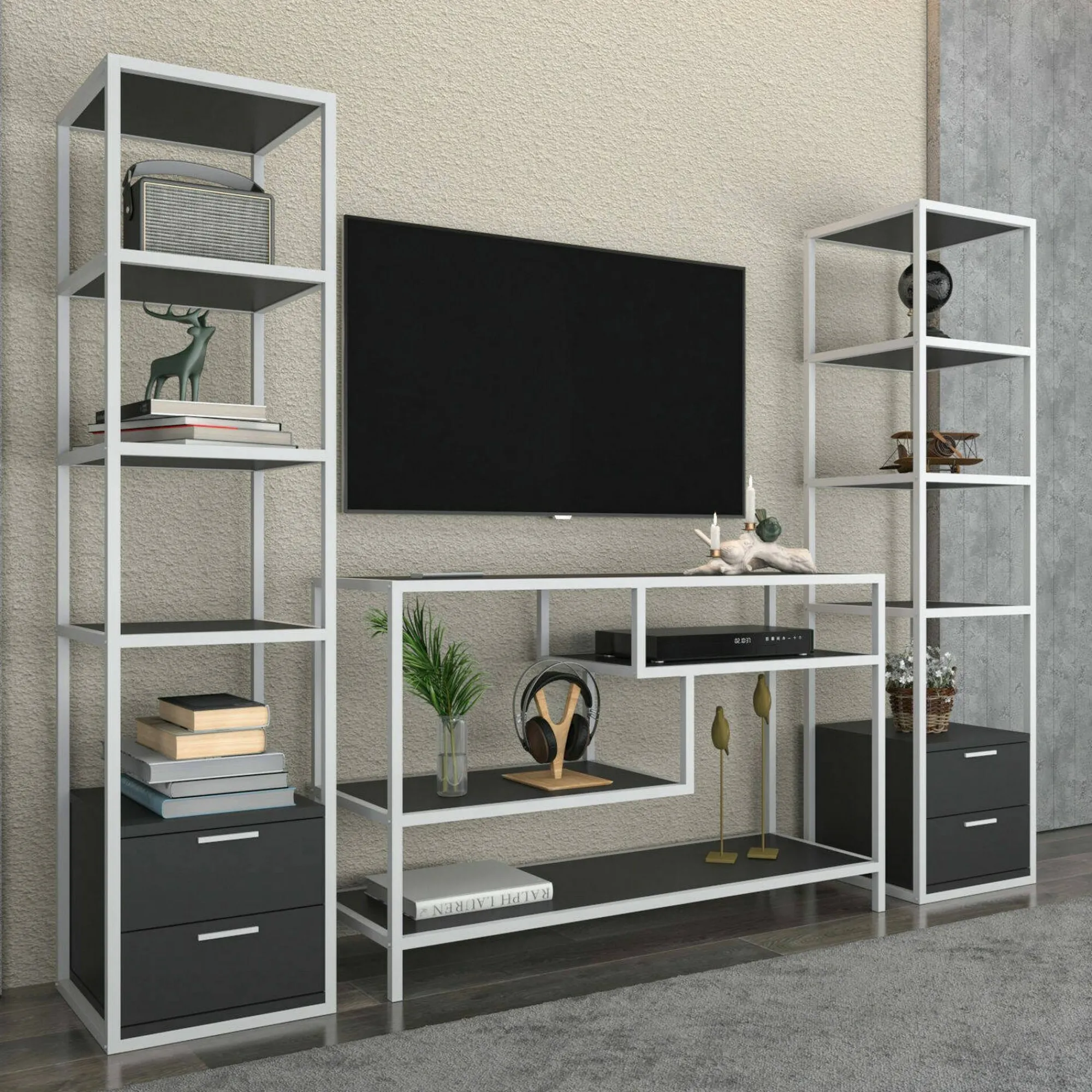 Parete attrezzata Felion, 198x39h160 cm, Bianco e Antracite<Dmora Outlet
