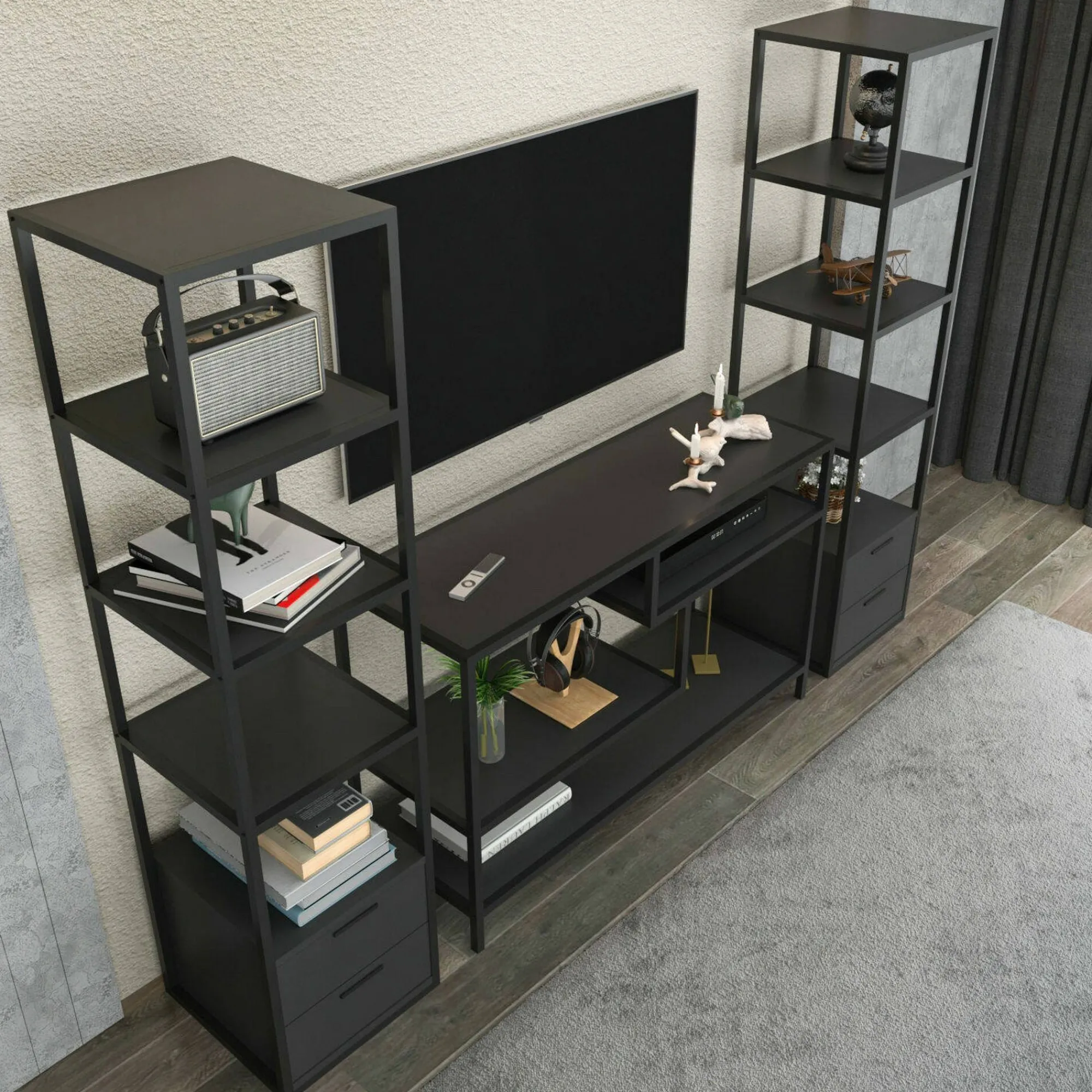Parete attrezzata Felion, 198x39h160 cm, Nero e Antracite<Dmora Fashion