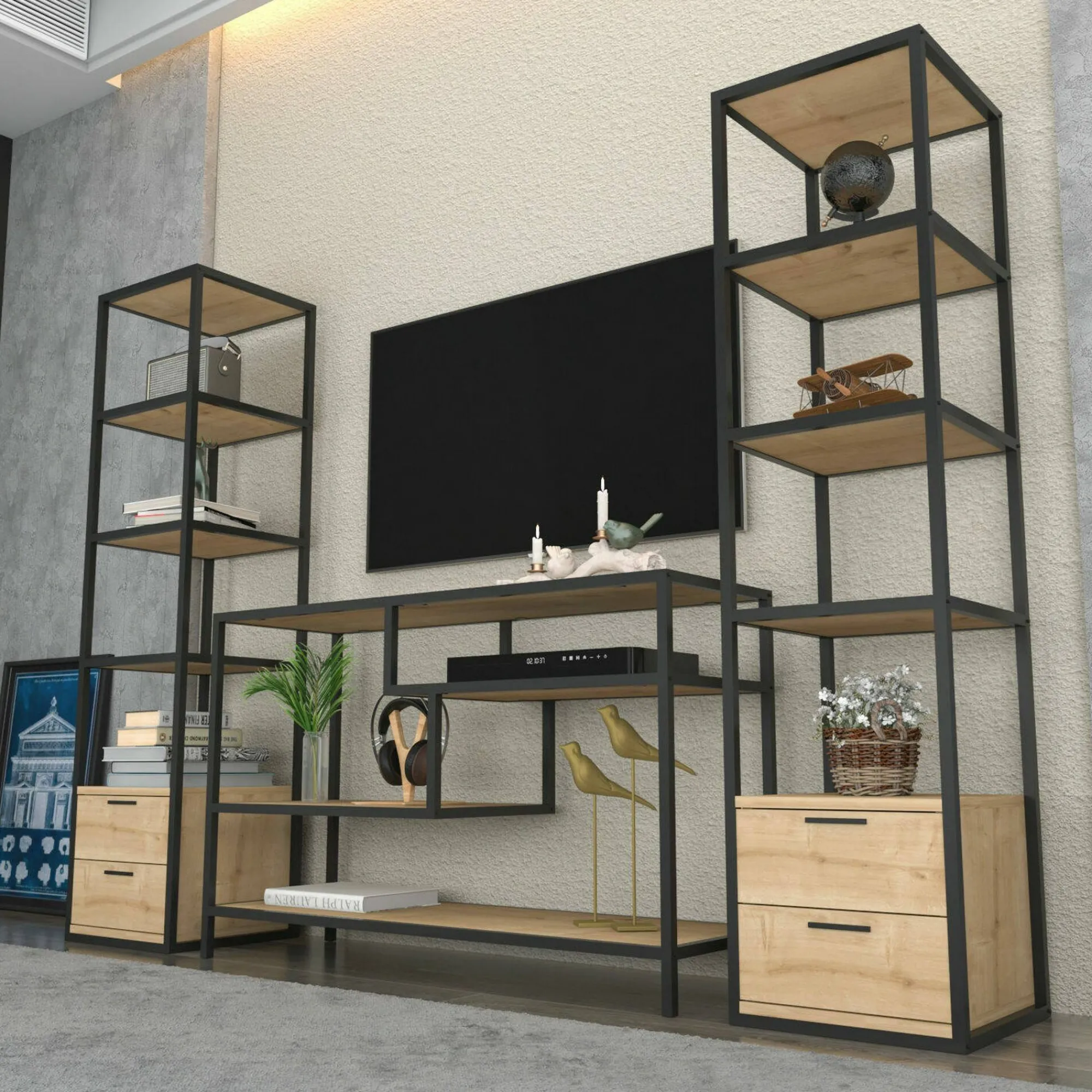 Parete attrezzata Felion, 198x39h160 cm, Nero e Quercia<Dmora Fashion
