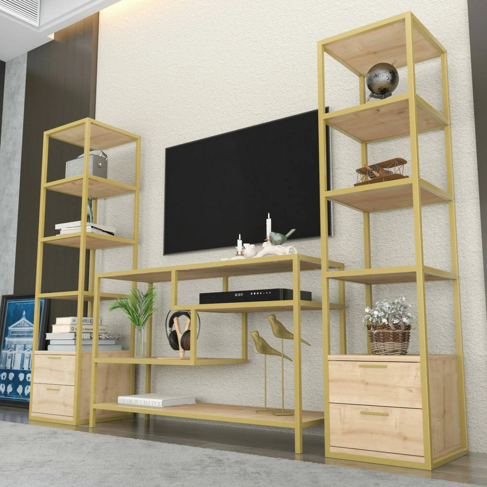 Parete attrezzata Felion, 198x39h160 cm, Oro e Quercia<Dmora Flash Sale