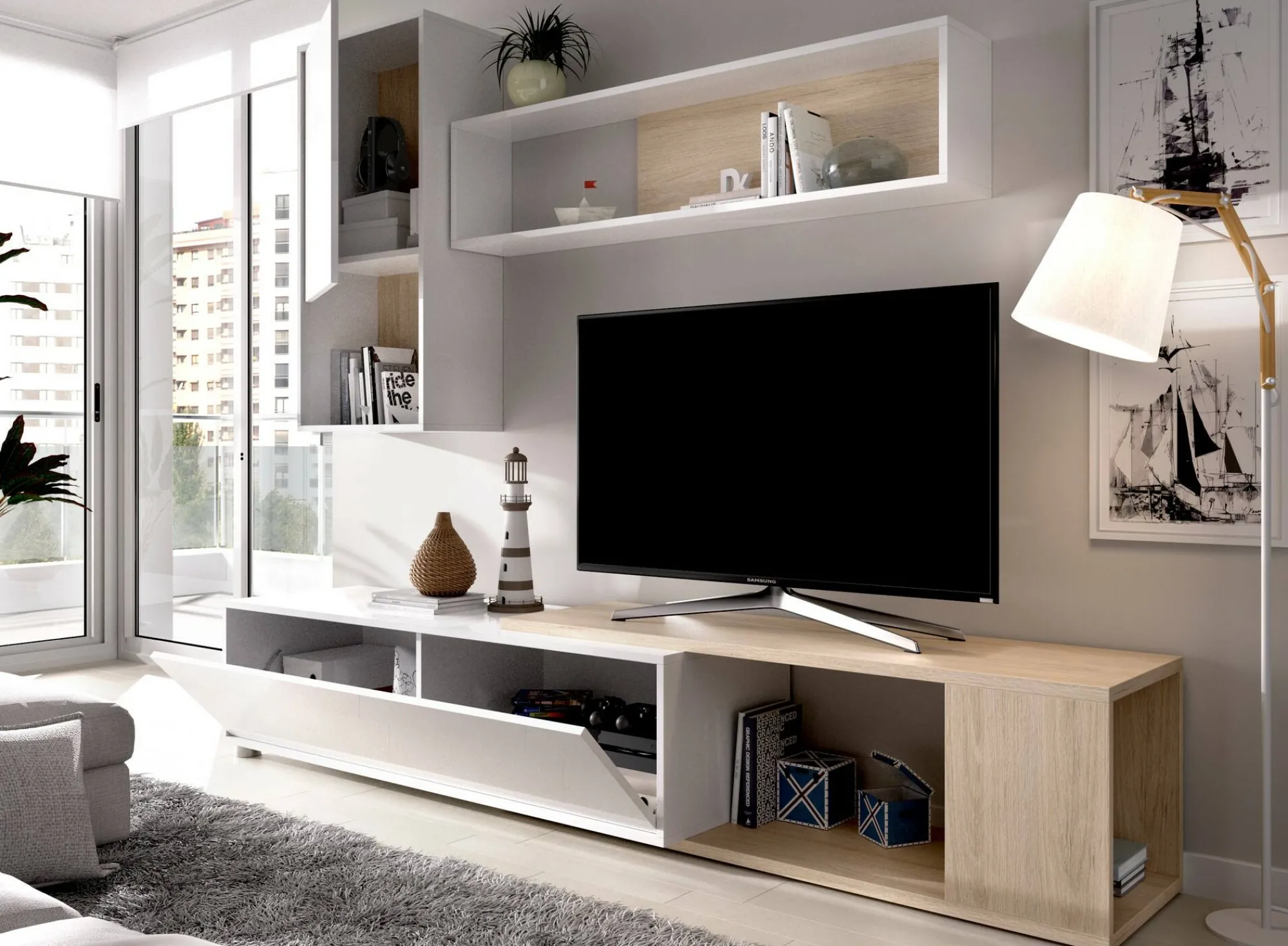 Parete attrezzata Fortuna, 230x41h180 cm, Bianco e Rovere<Dmora Clearance