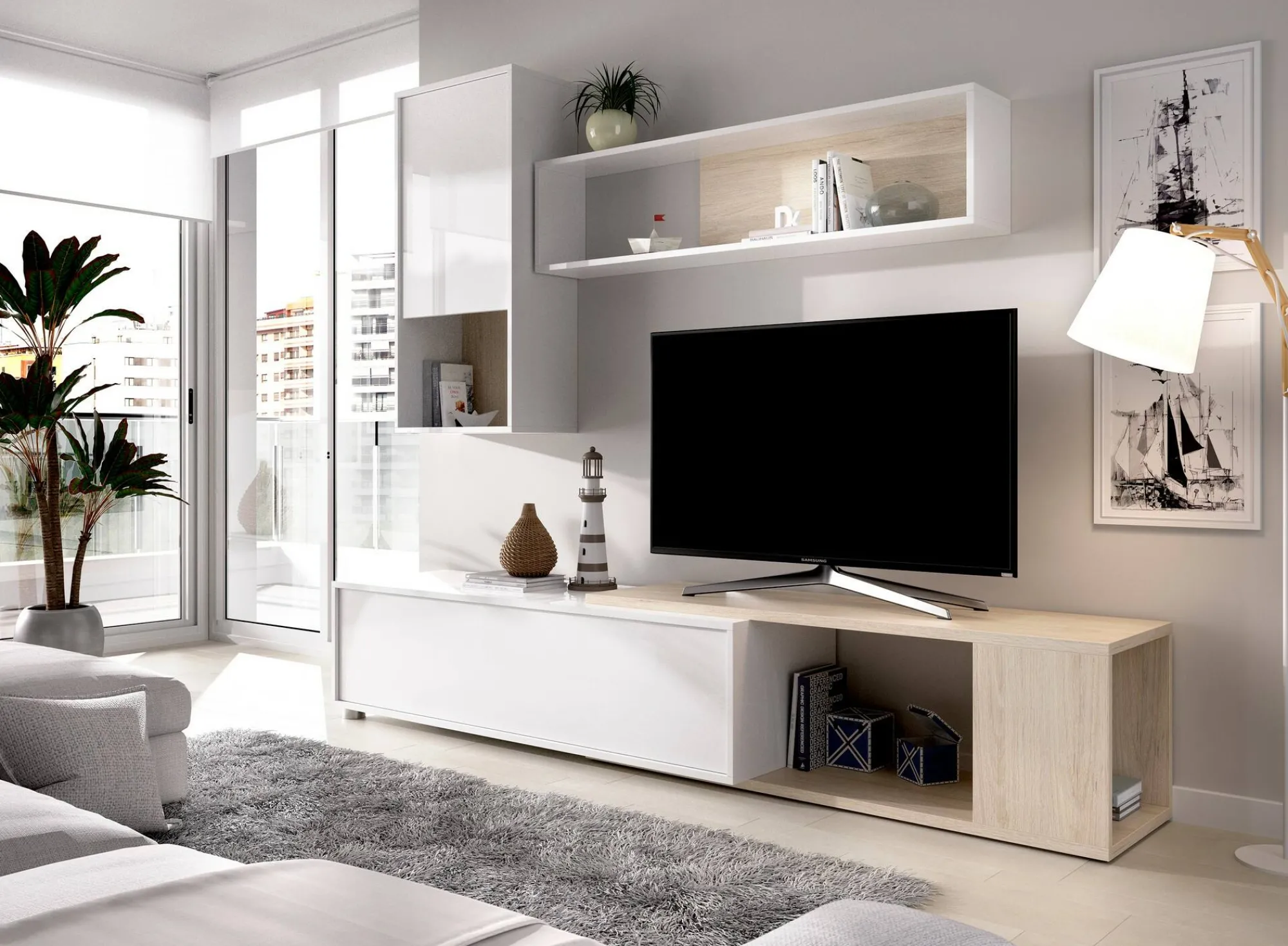 Parete attrezzata Fortuna, 230x41h180 cm, Bianco e Rovere<Dmora Clearance