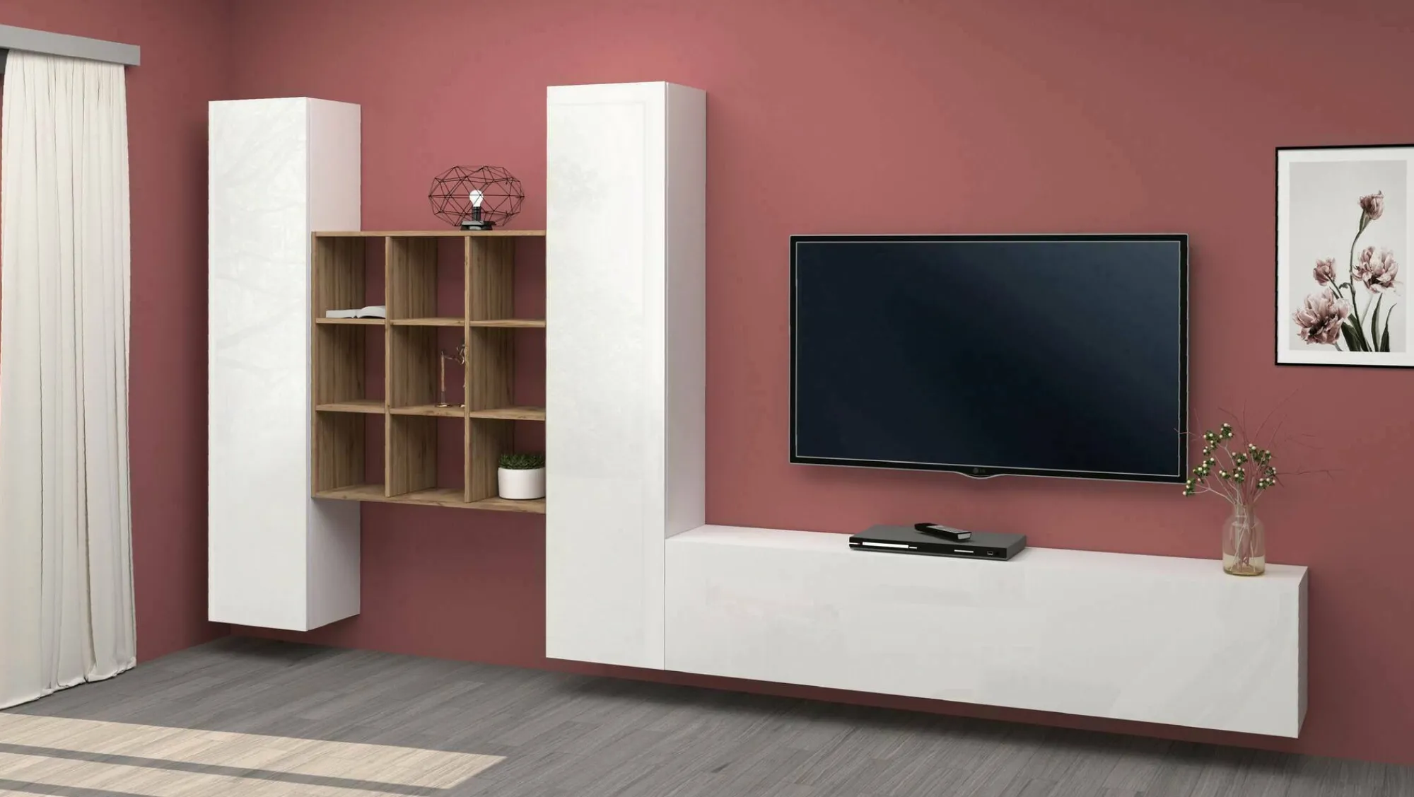 Parete attrezzata Genoveffa, cm 270x30h180, Bianco lucido e Acero<Dmora Online