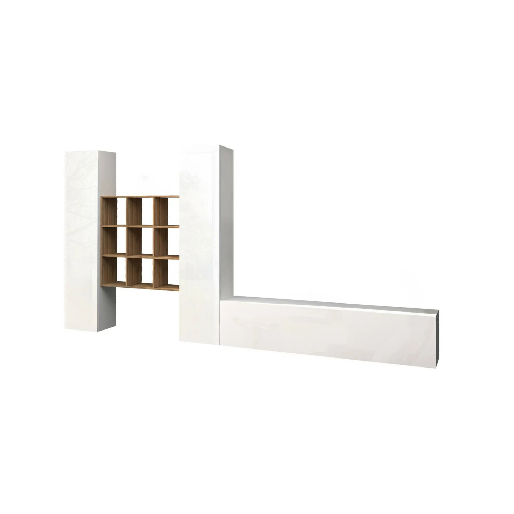 Parete attrezzata Genoveffa, cm 270x30h180, Bianco lucido e Acero<Dmora Online
