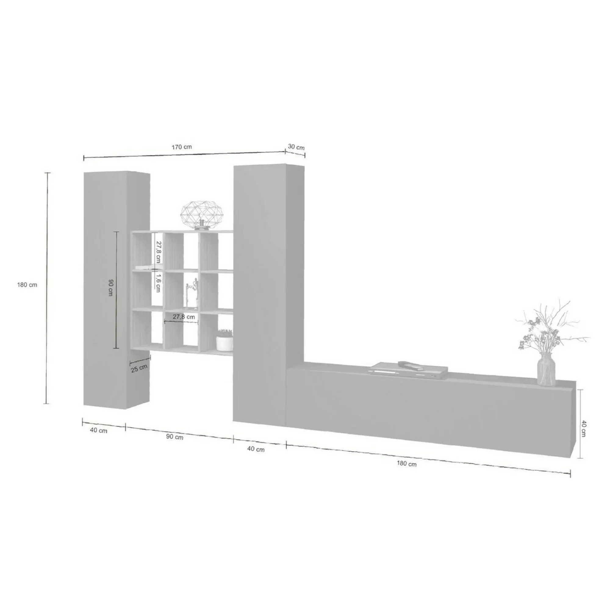 Parete attrezzata Genoveffa, cm 270x30h180, Antracite e Acero<Dmora Discount